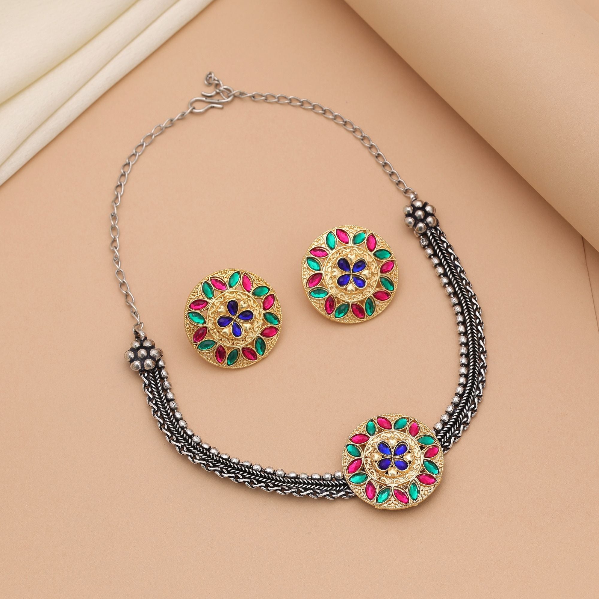 Multi Color Dual Tone Oxidised Necklace Set – Ethnic Fashion