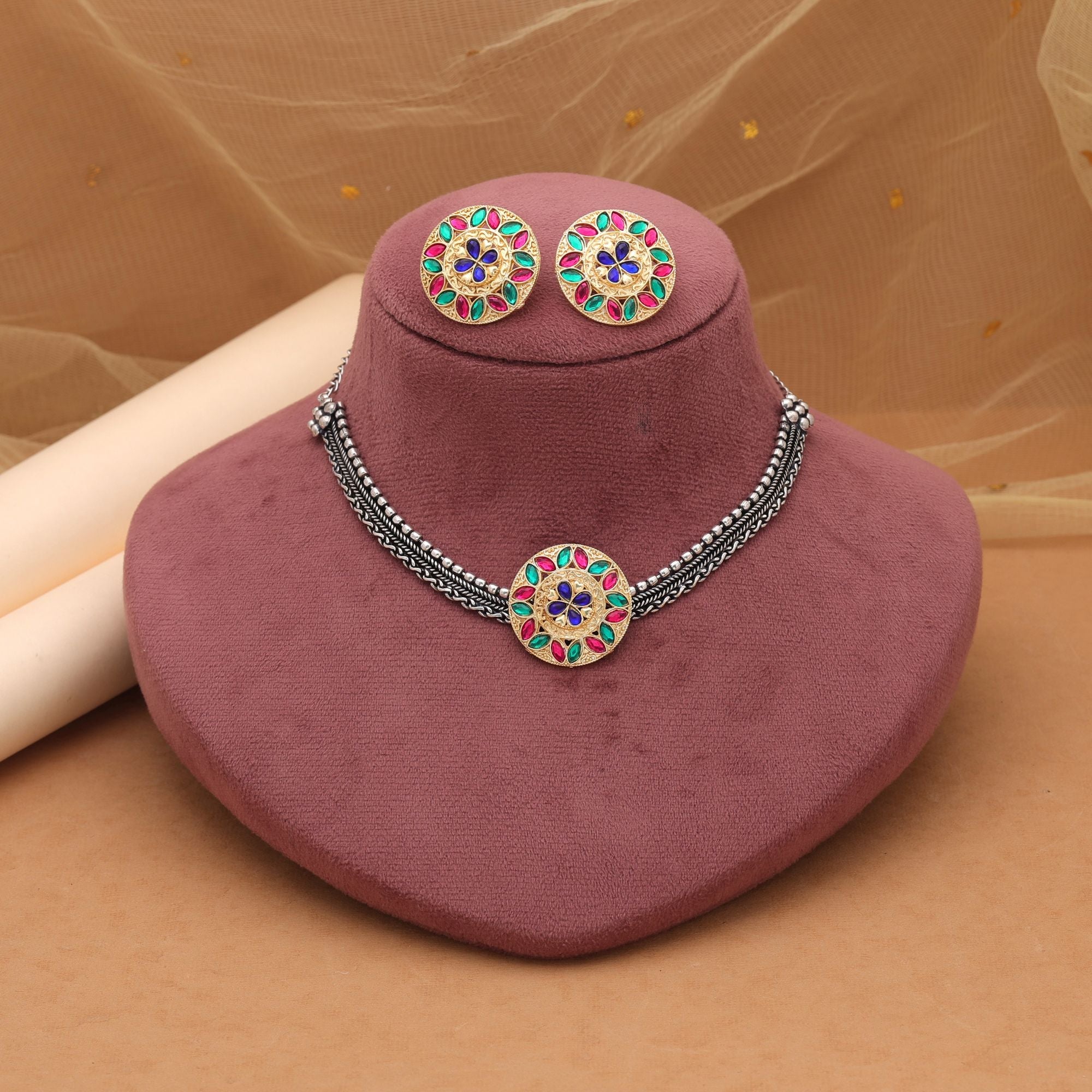 Multi Color Dual Tone Oxidised Necklace Set – Ethnic Fashion
