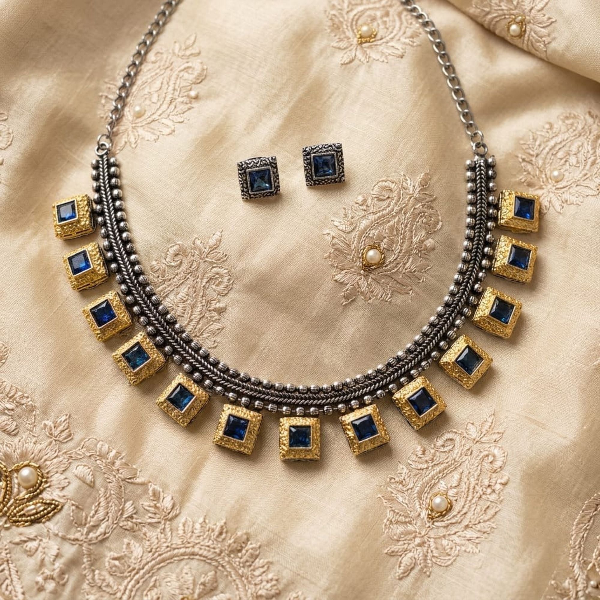 Blue Color Dual Tone Oxidised Necklace Set