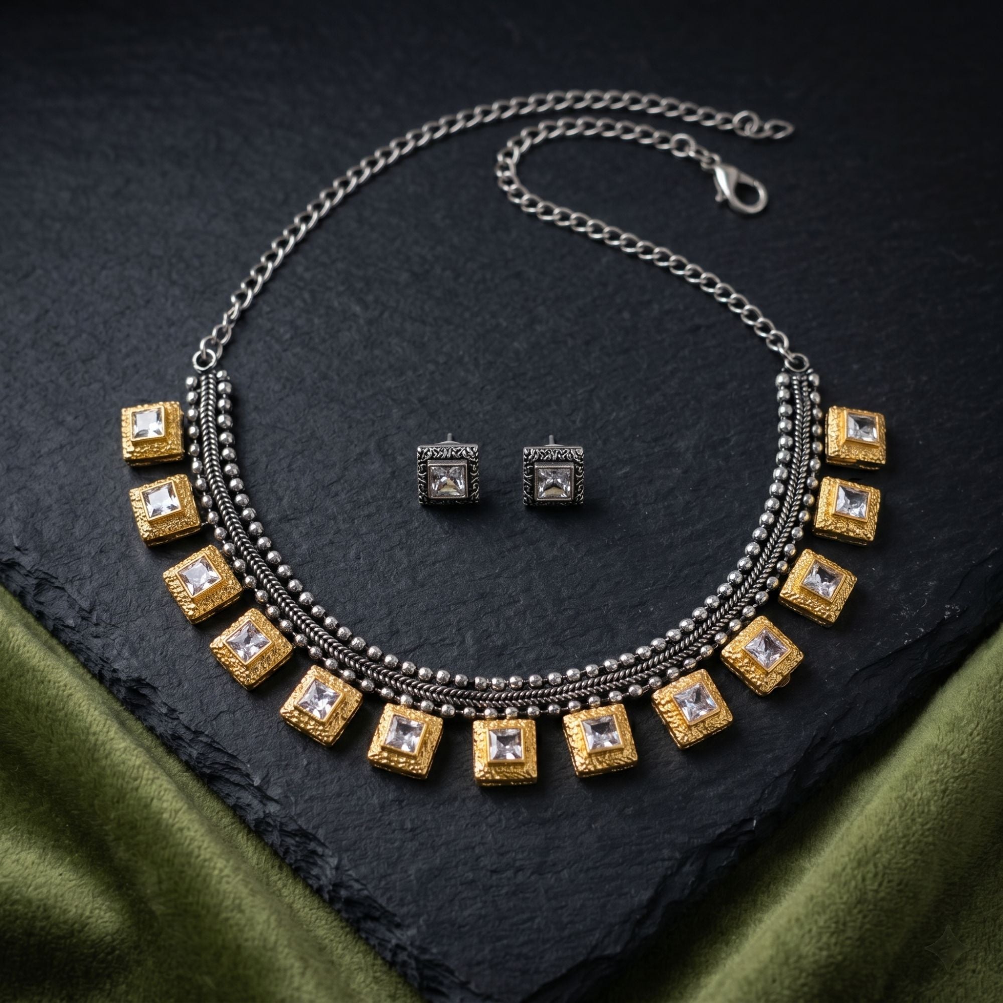 Gold & Silver Ethnic Oxidised Necklace Set