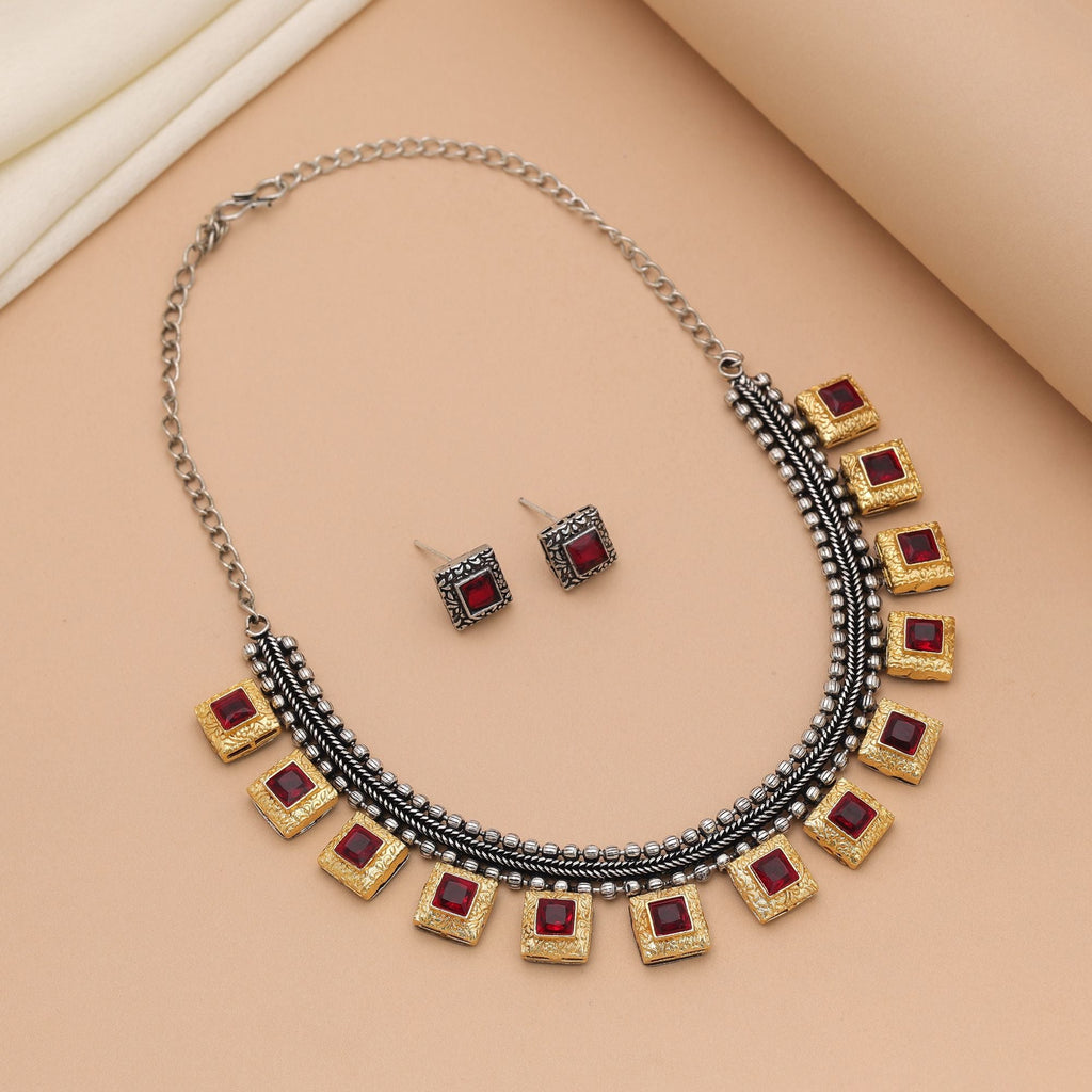 Maroon Dual Tone Oxidised Necklace Set – Ethnic Trend