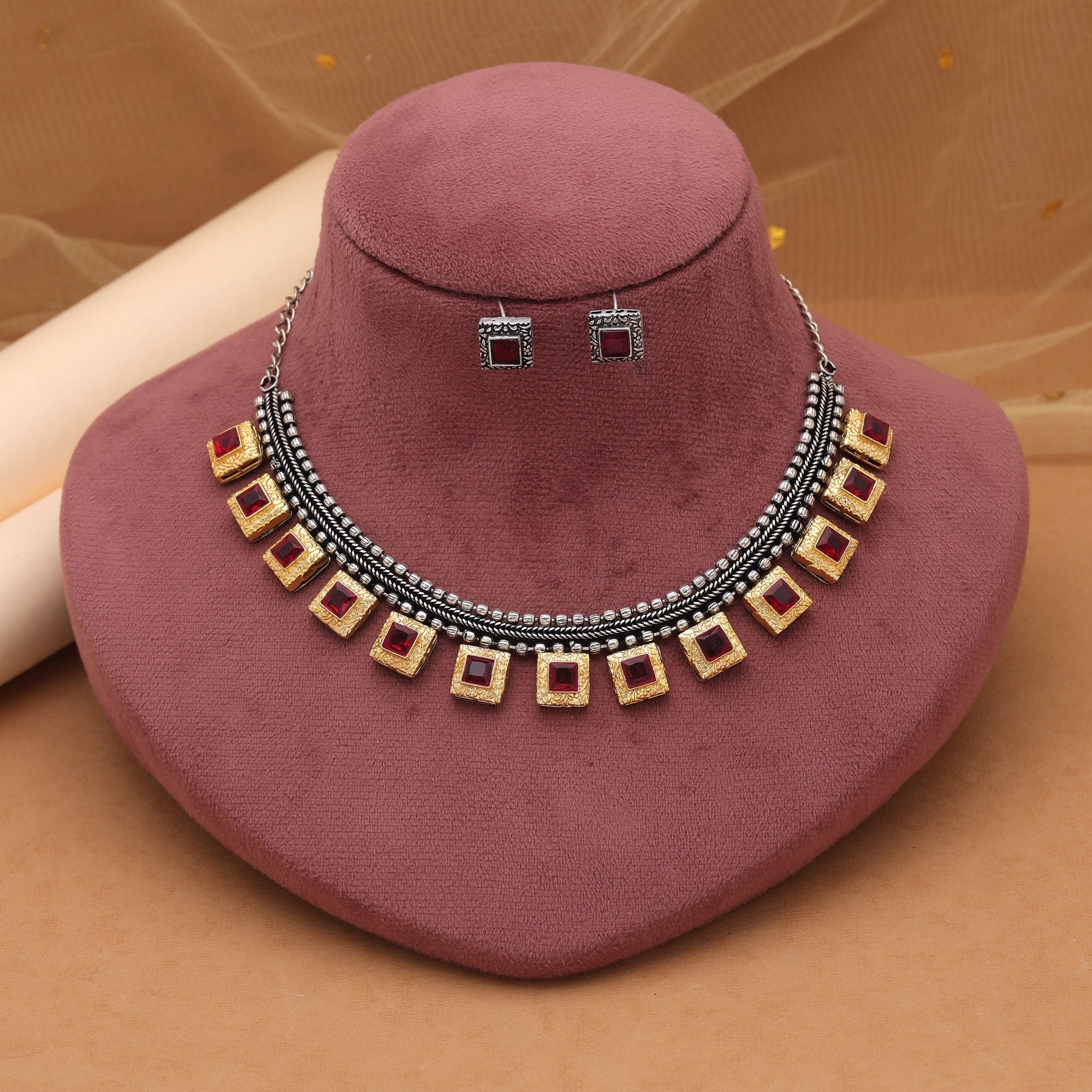 Maroon Dual Tone Oxidised Necklace Set – Ethnic Trend
