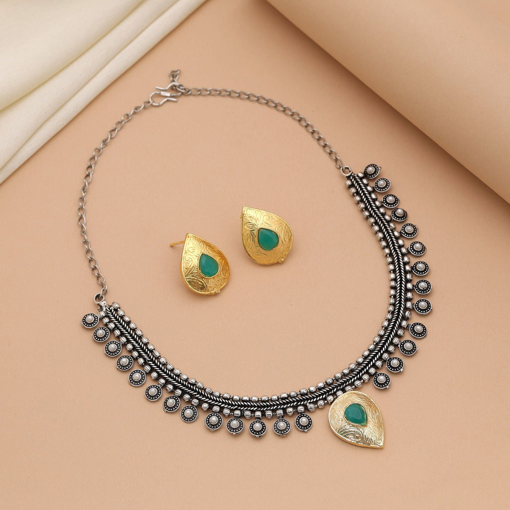 Green Dual Tone Oxidised Necklace Set – Handcrafted Style