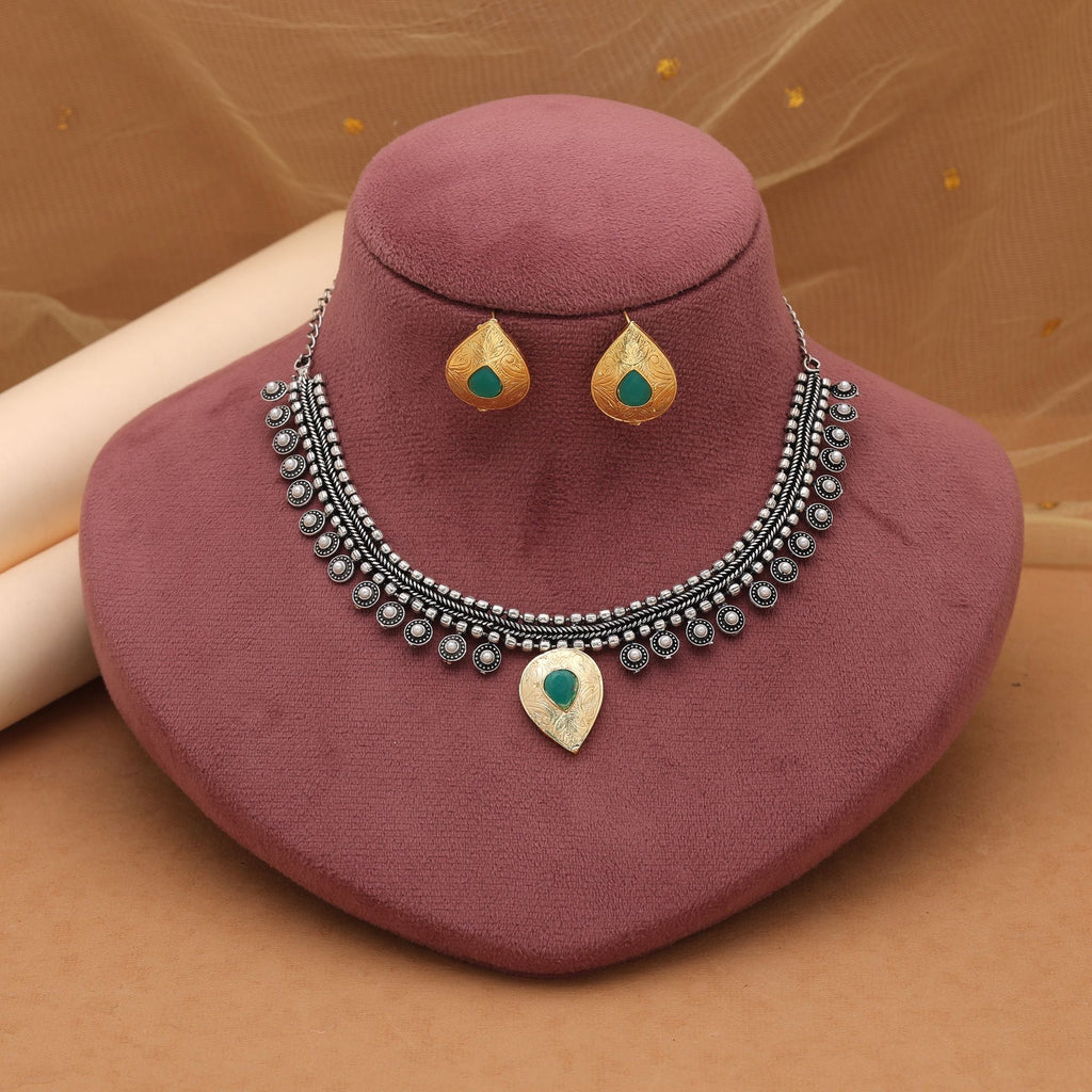 Green Dual Tone Oxidised Necklace Set – Handcrafted Style