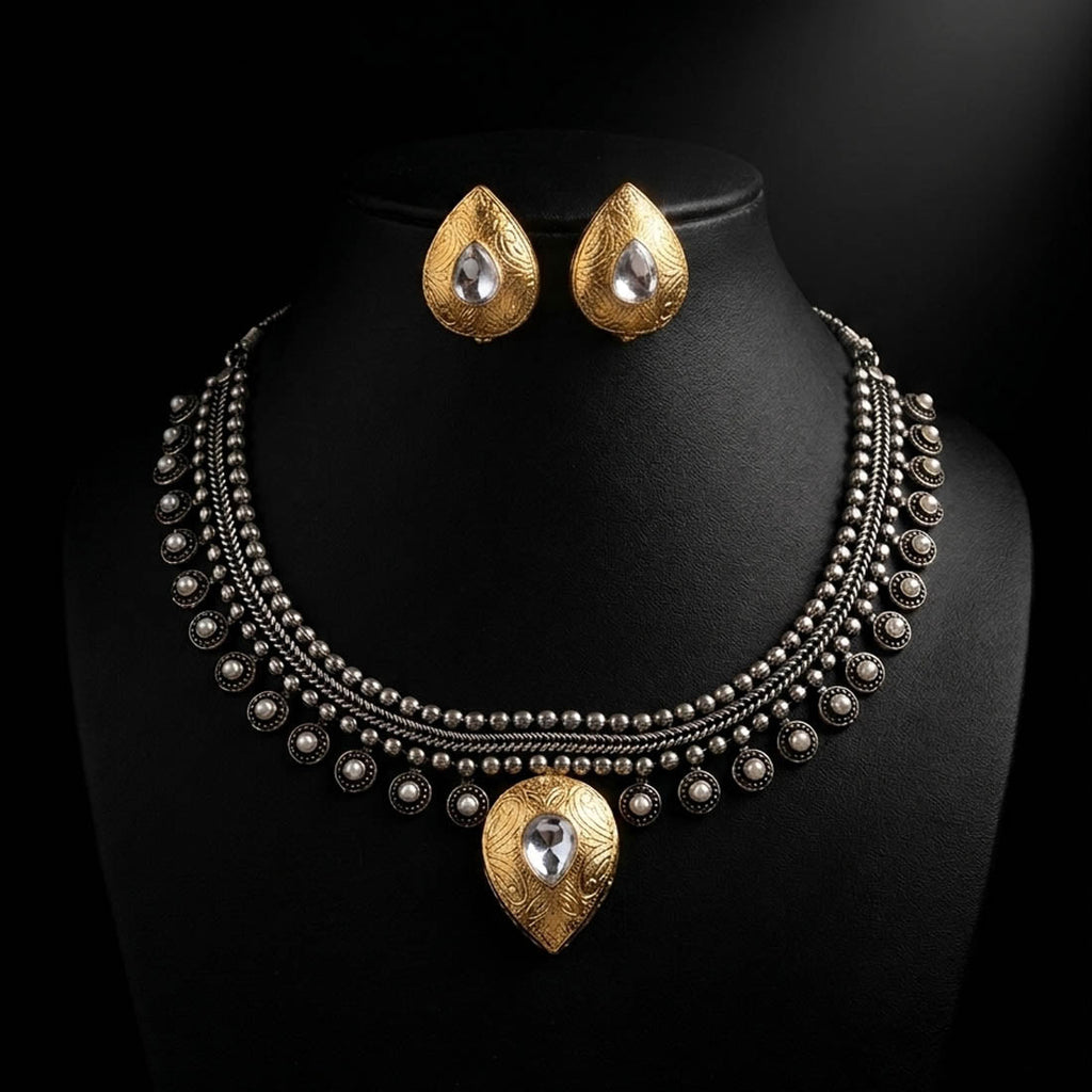 Gold & Silver Dual Tone Oxidised Necklace Set