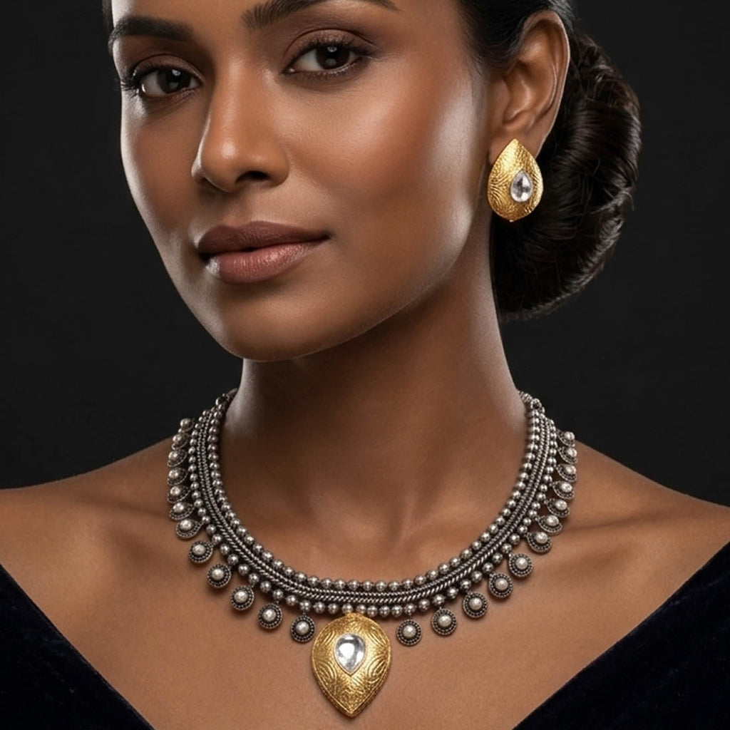 Gold & Silver Dual Tone Oxidised Necklace Set