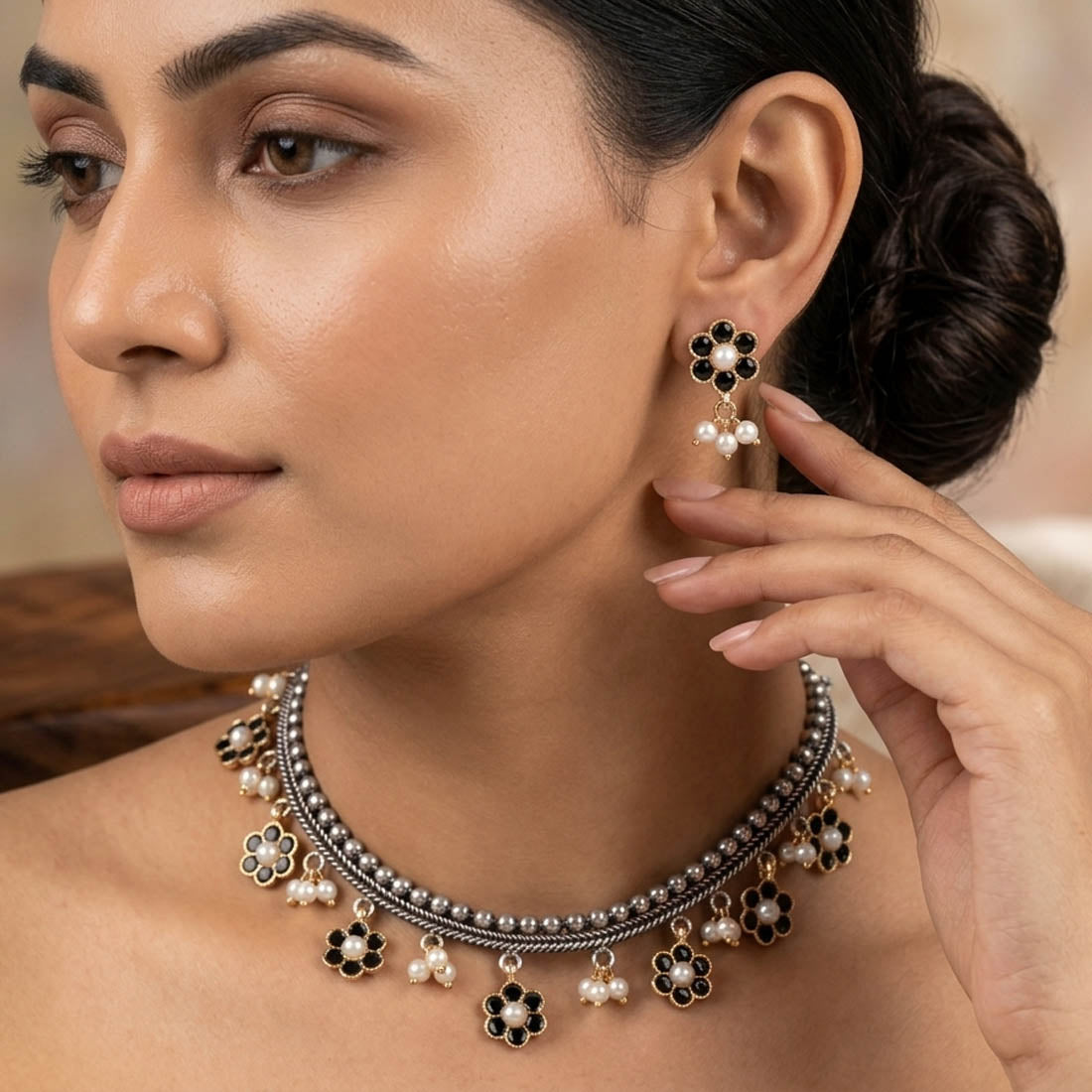 Black Color Premium Dual Tone Oxidised Necklace Set