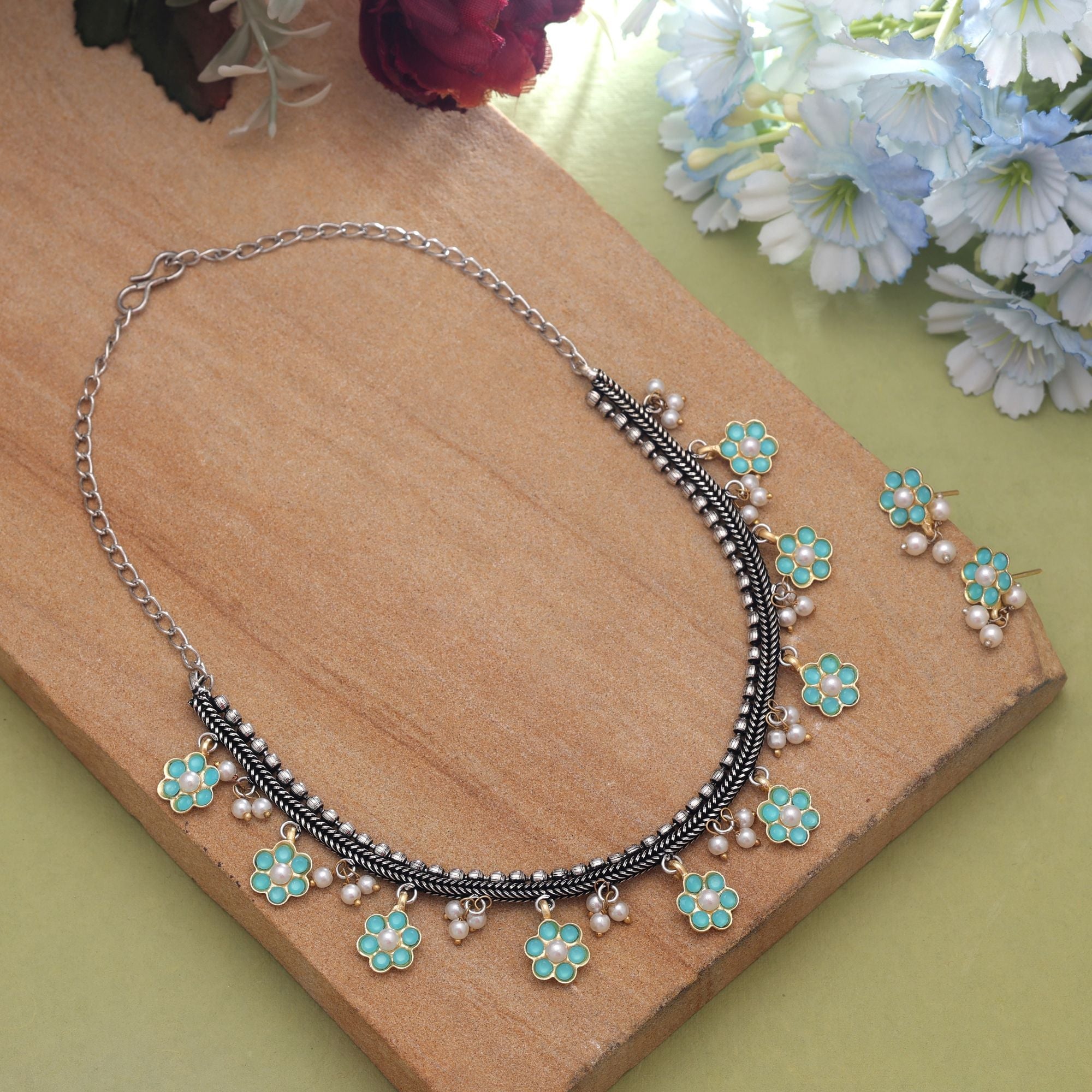 Firozi Dual Tone Oxidised Necklace Set – Ethnic Style