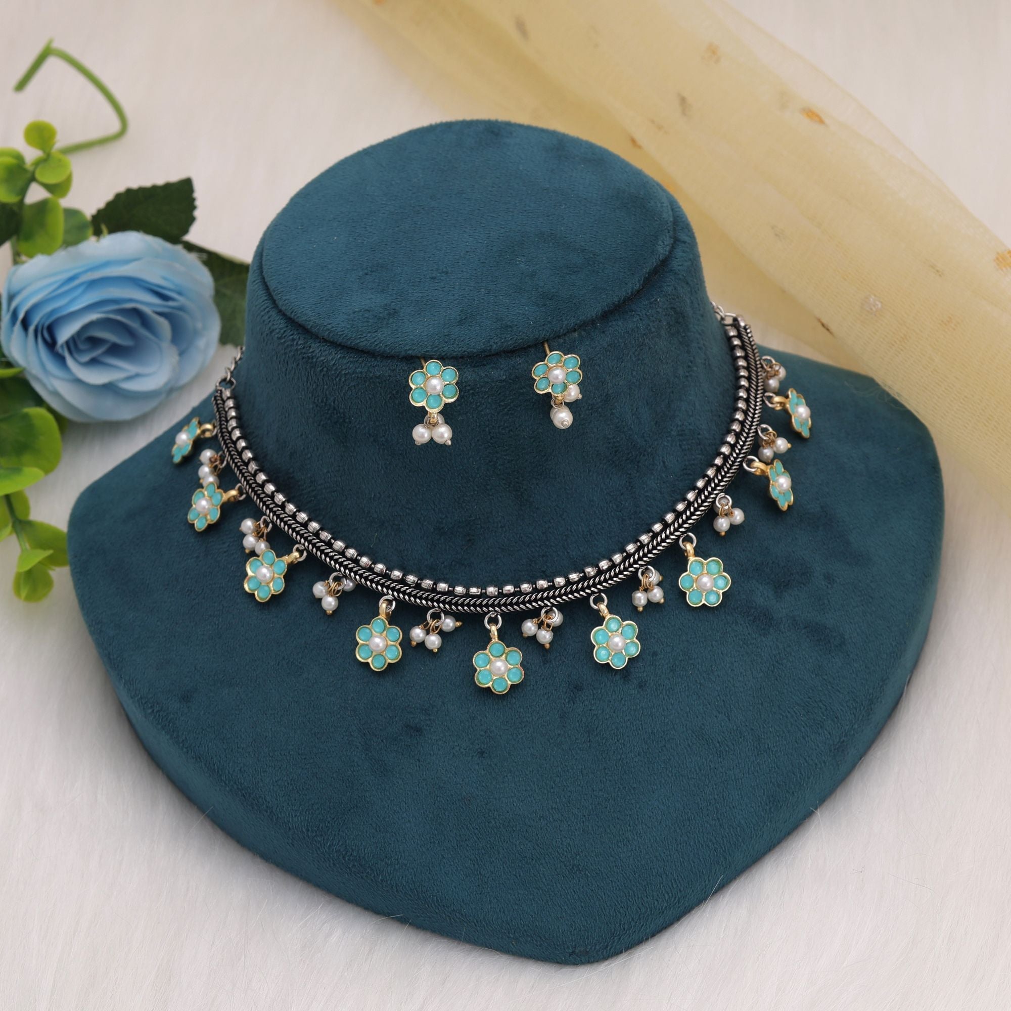 Firozi Dual Tone Oxidised Necklace Set – Ethnic Style