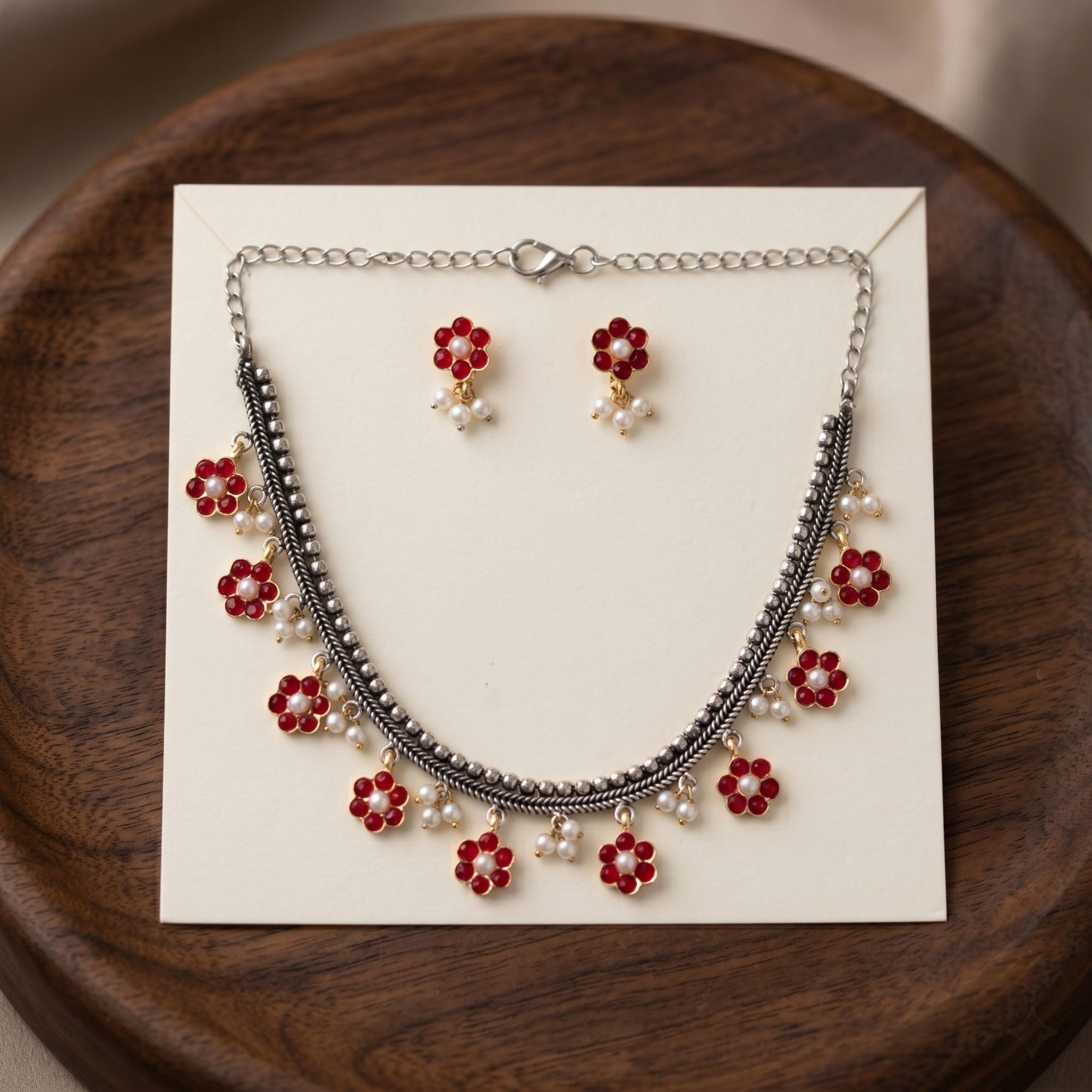 Red Color Designer Dual Tone Oxidised Necklace Set
