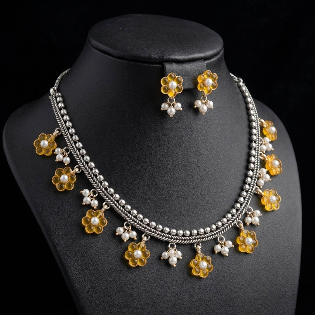 Yellow Color Dual Tone Oxidised Necklace Set