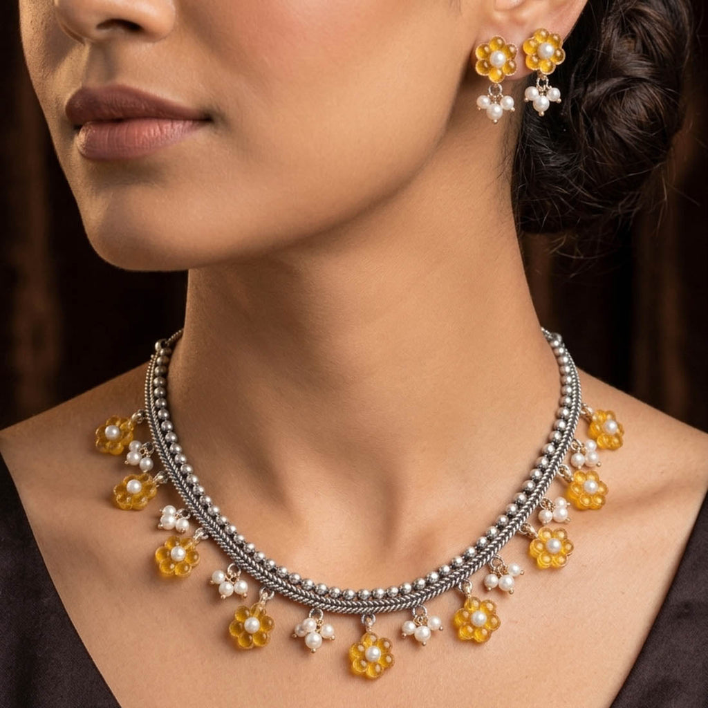 Yellow Color Dual Tone Oxidised Necklace Set
