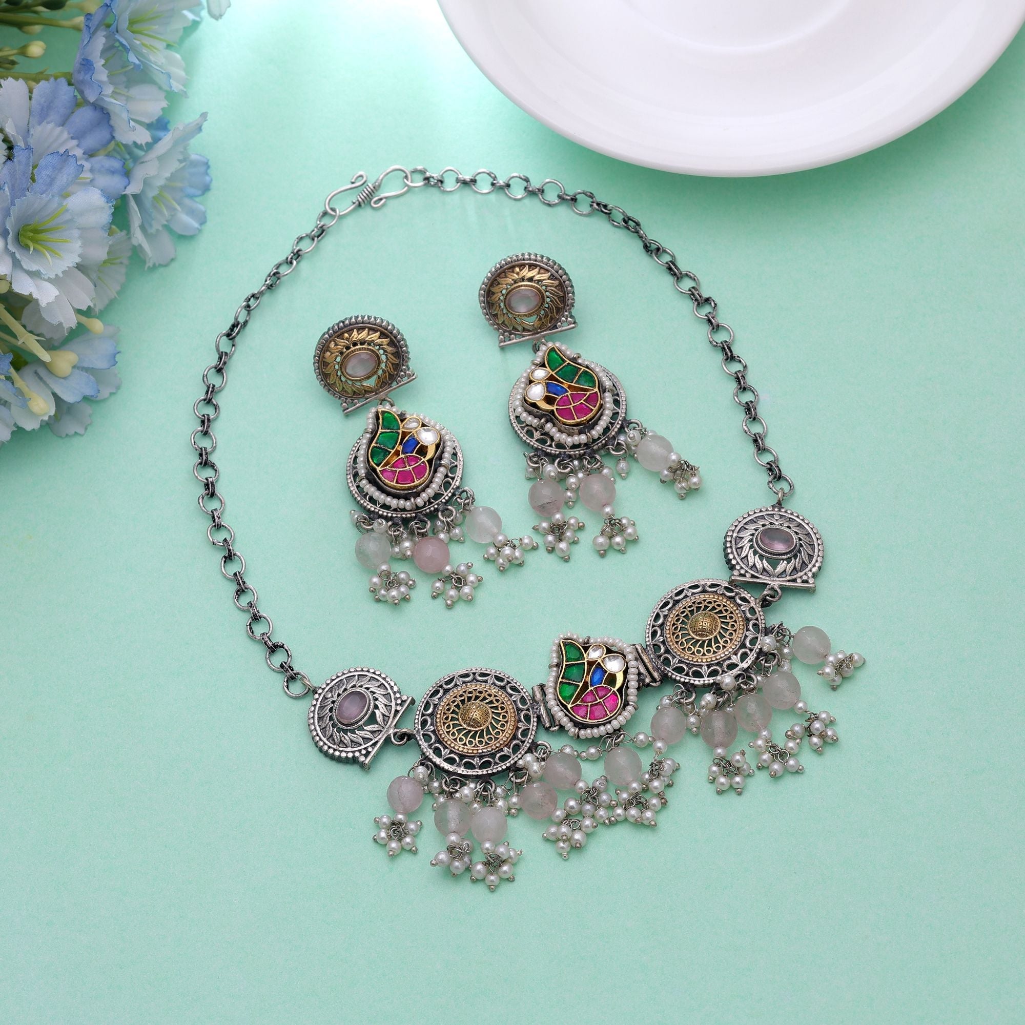 Light Pink Color Choker Dual Tone Oxidised Necklace Set & Earrings