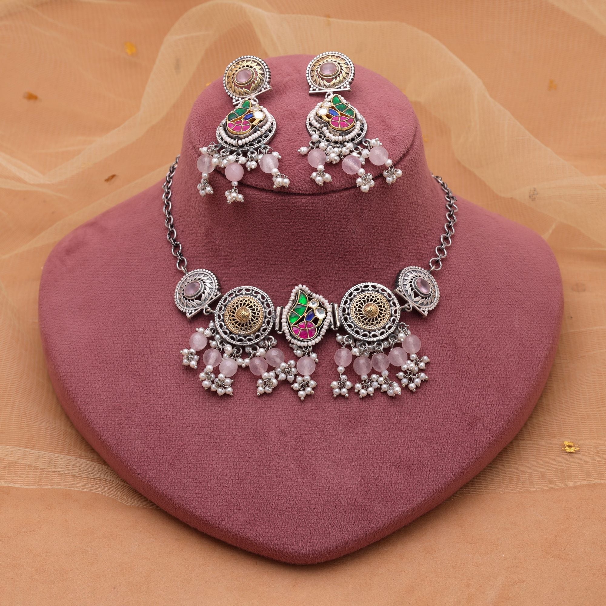 Light Pink Color Choker Dual Tone Oxidised Necklace Set & Earrings