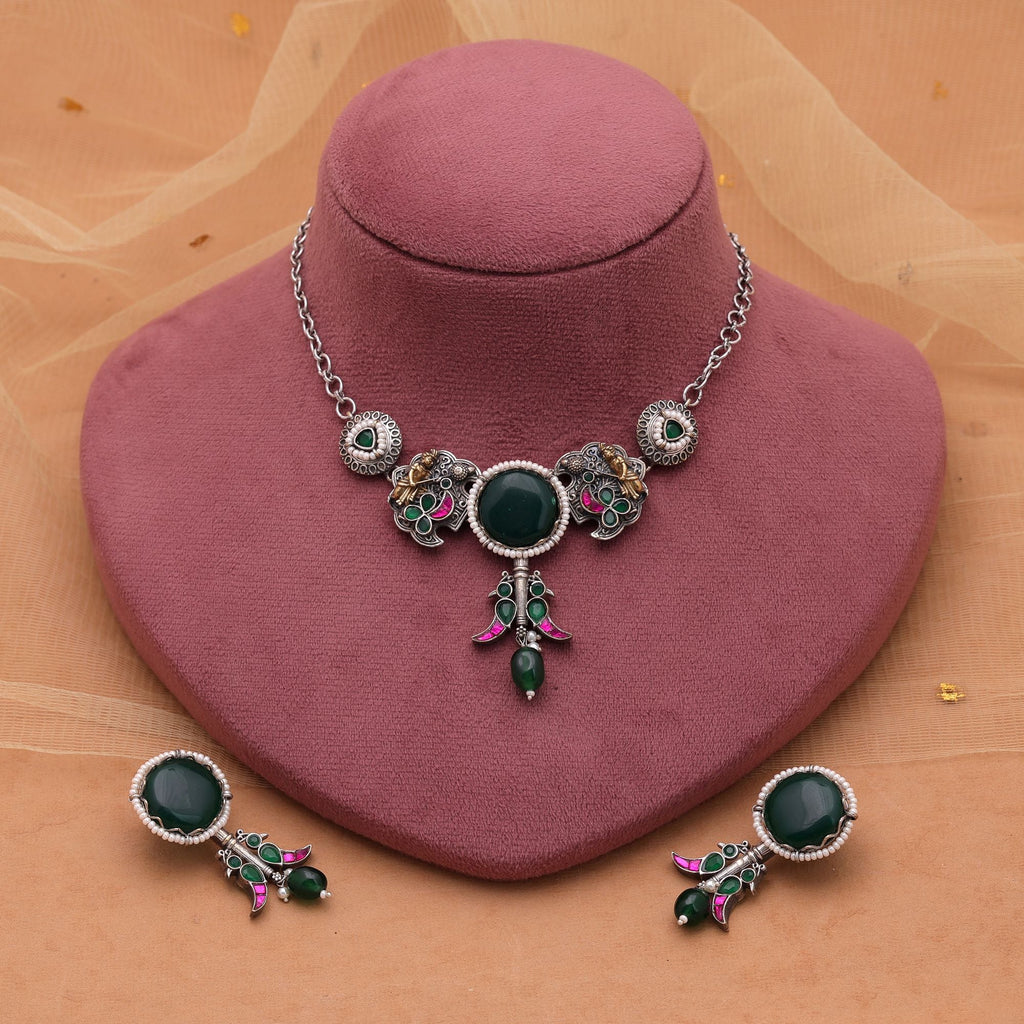Green Color Choker Dual Tone Oxidised Necklace Set & Earrings