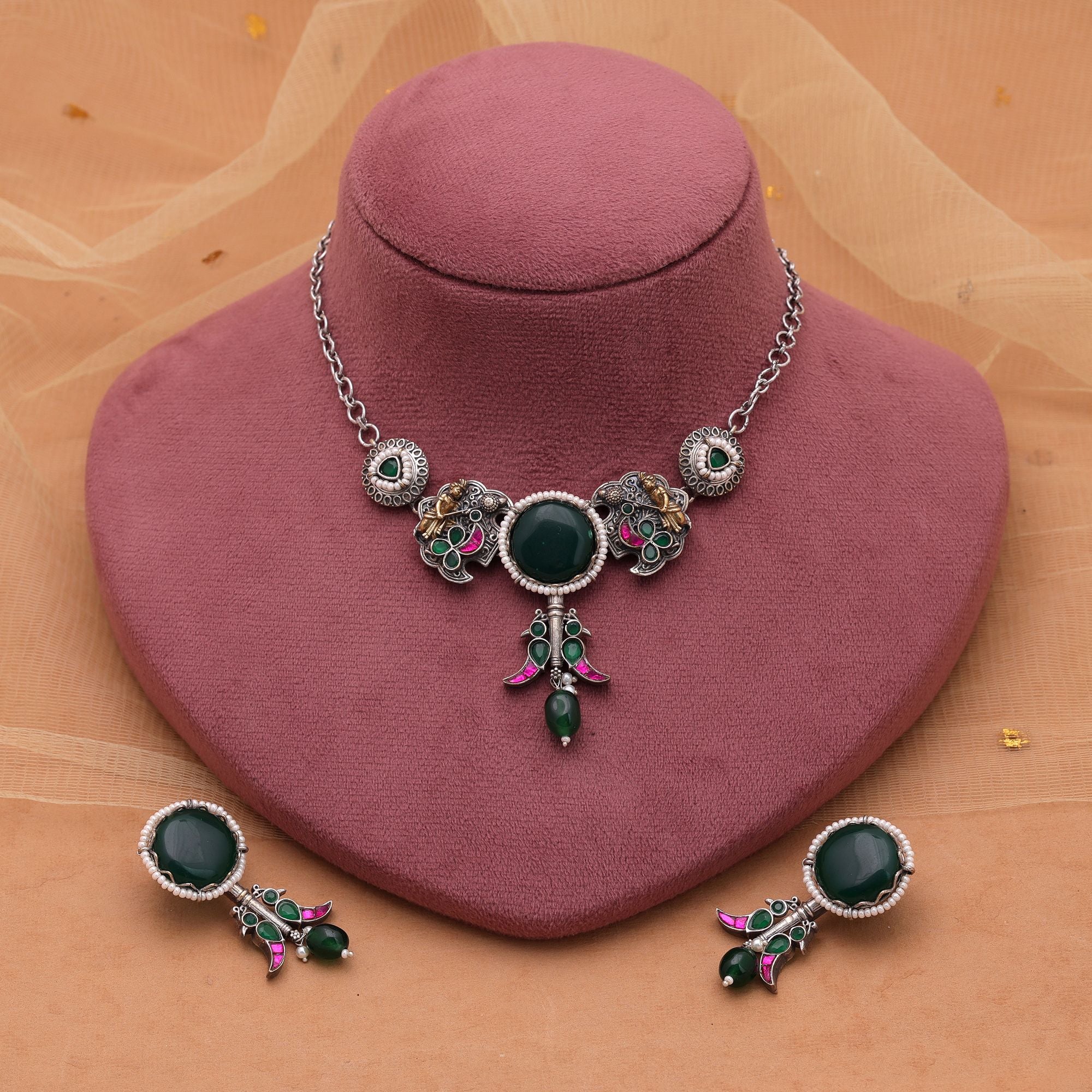 Green Color Choker Dual Tone Oxidised Necklace Set & Earrings