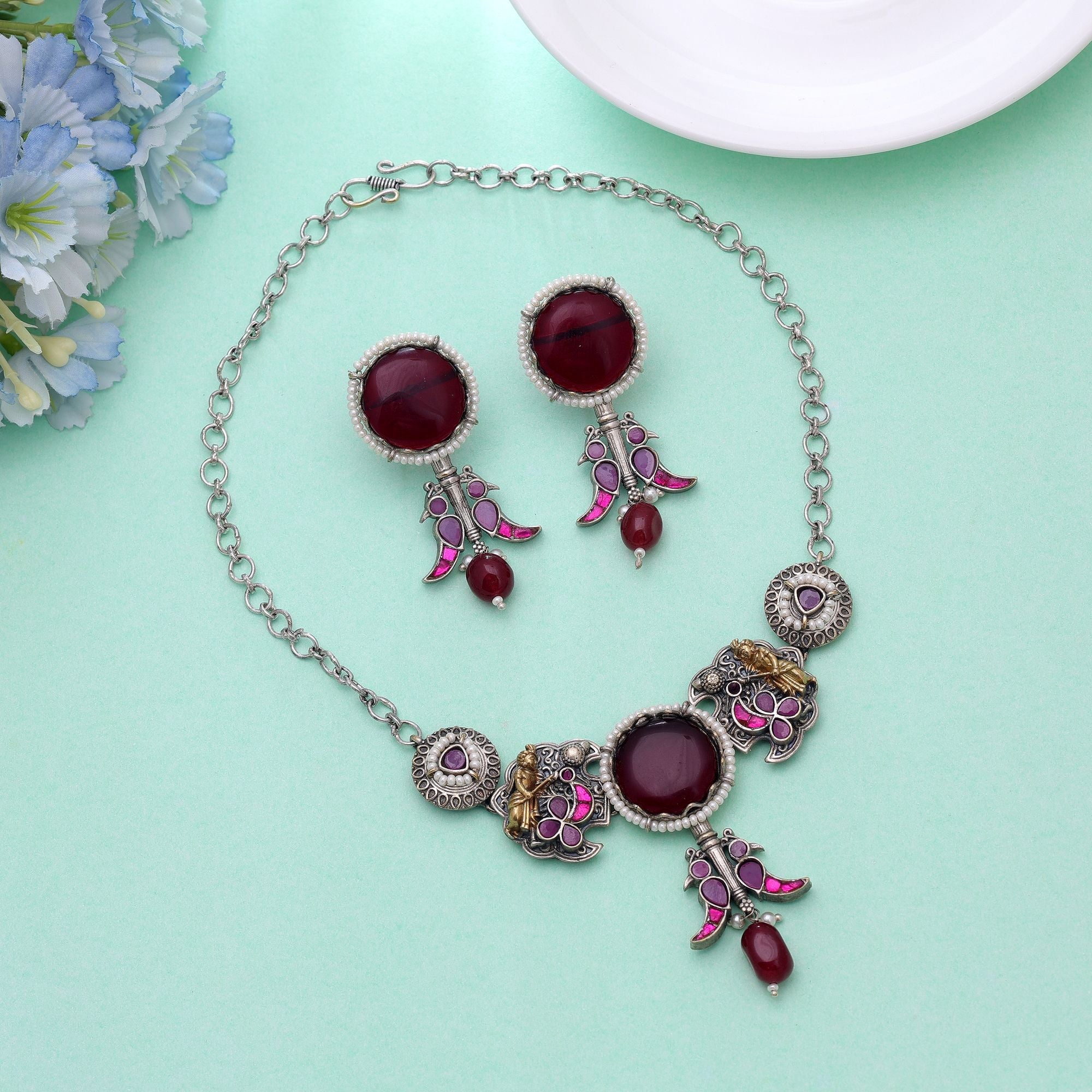 Maroon Color Choker Dual Tone Oxidised Necklace Set & Earrings