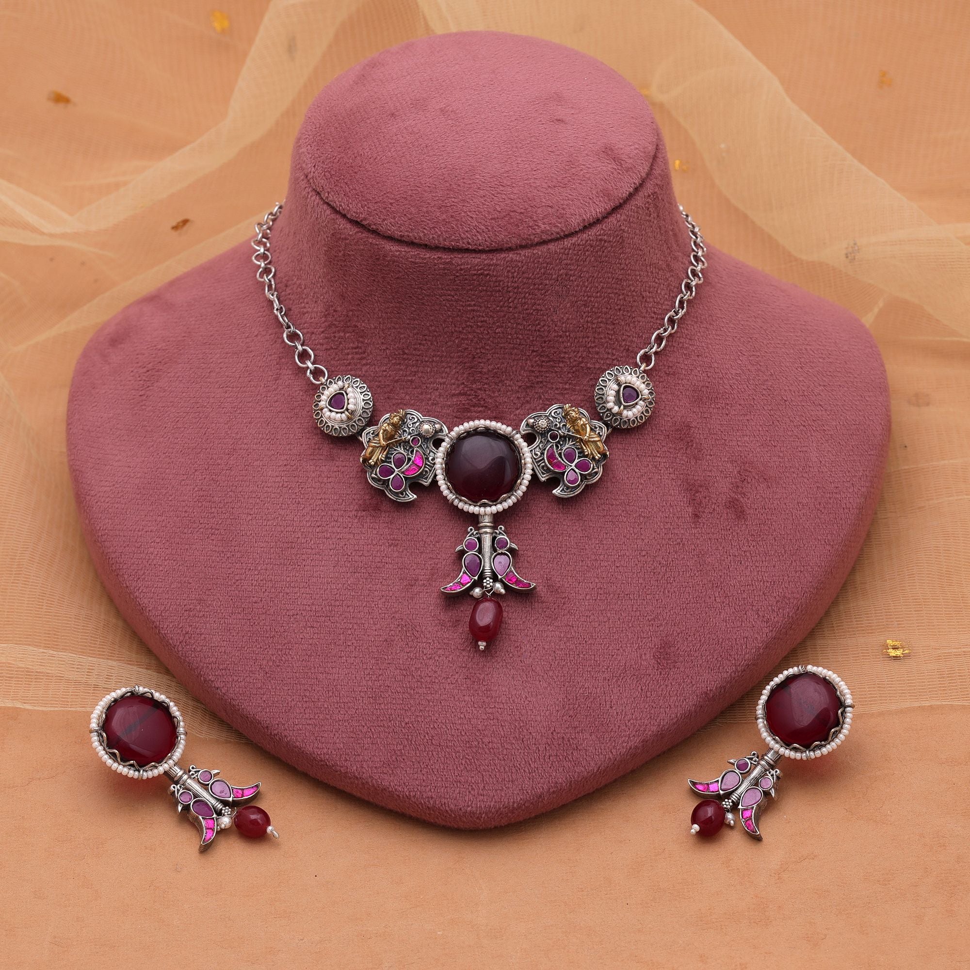 Maroon Color Choker Dual Tone Oxidised Necklace Set & Earrings