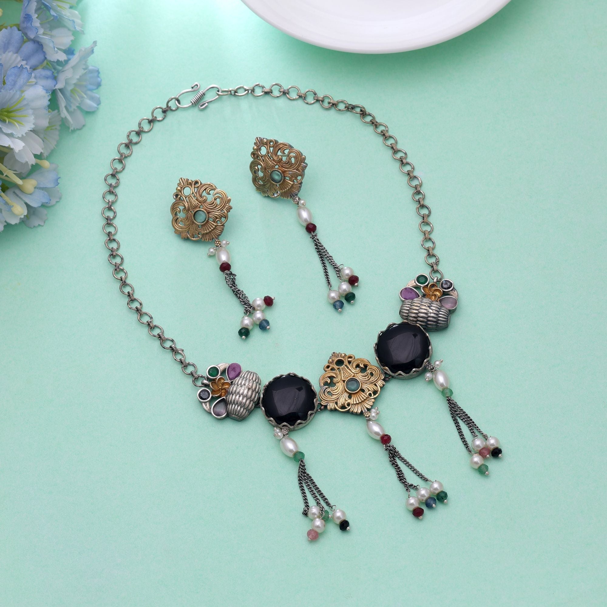 Black Color Choker Dual Tone Oxidised Necklace Set