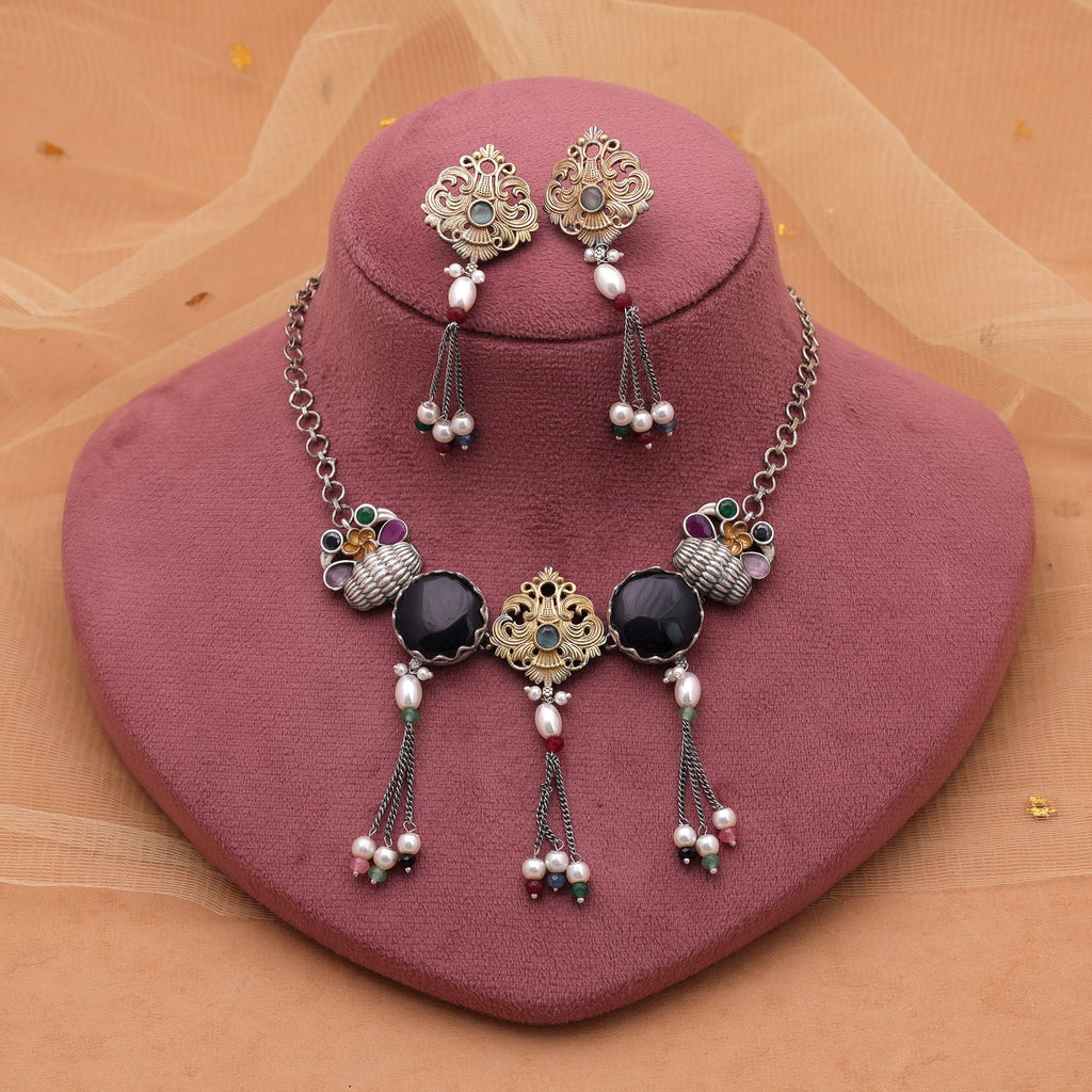 Black Color Choker Dual Tone Oxidised Necklace Set