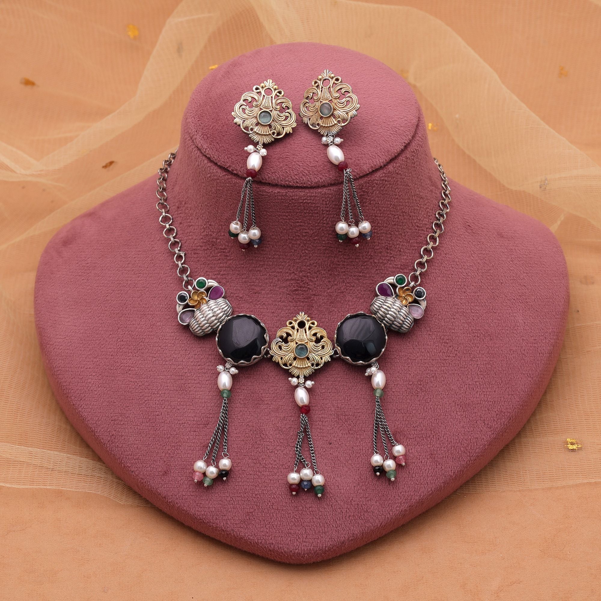 Black Color Choker Dual Tone Oxidised Necklace Set