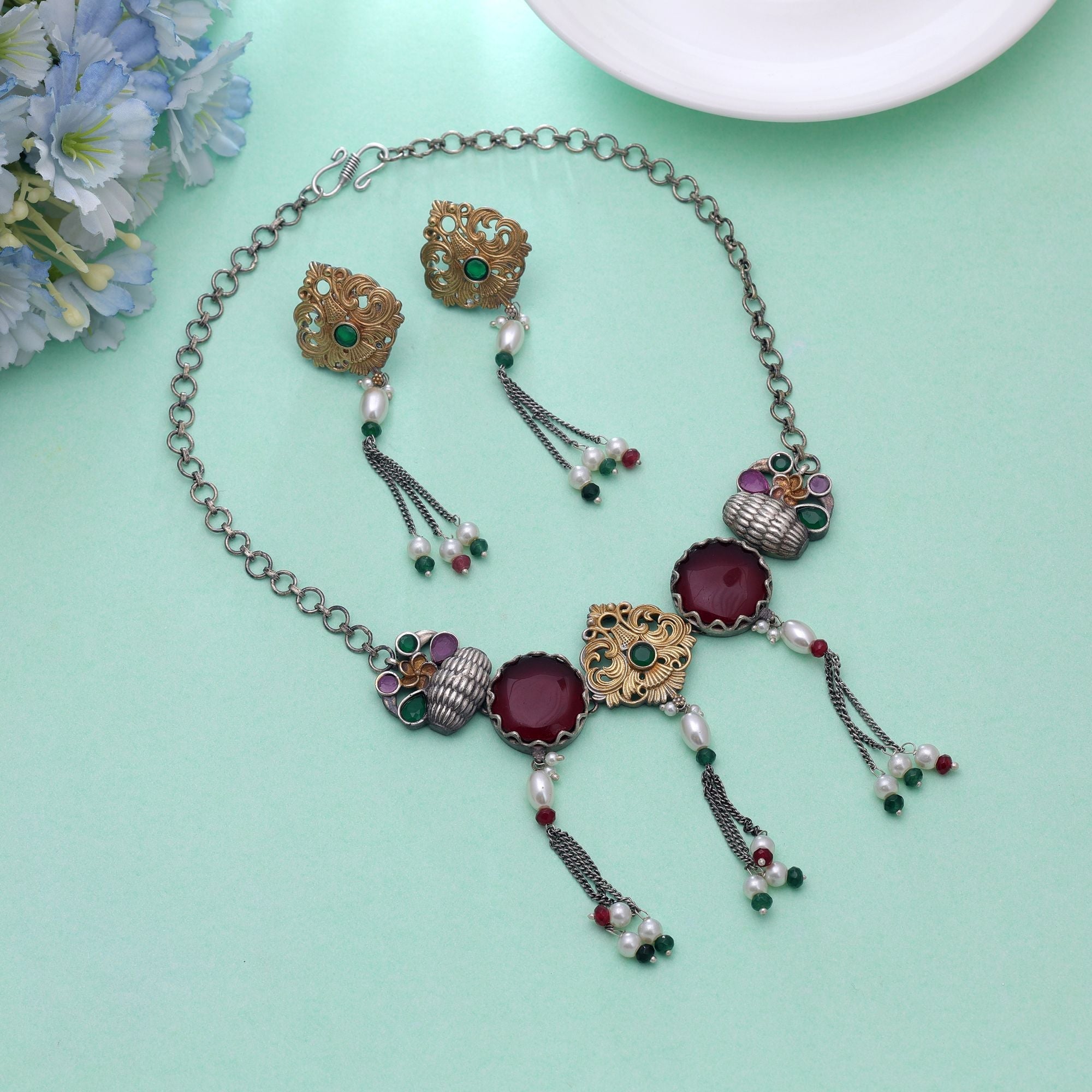 Maroon Color Choker Dual Tone Oxidised Necklace Set & Earrings