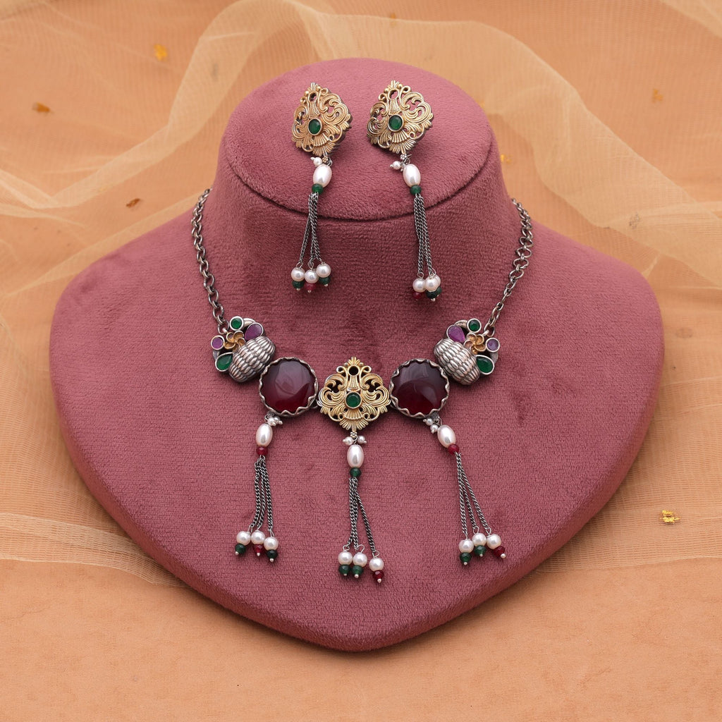 Maroon Color Choker Dual Tone Oxidised Necklace Set & Earrings