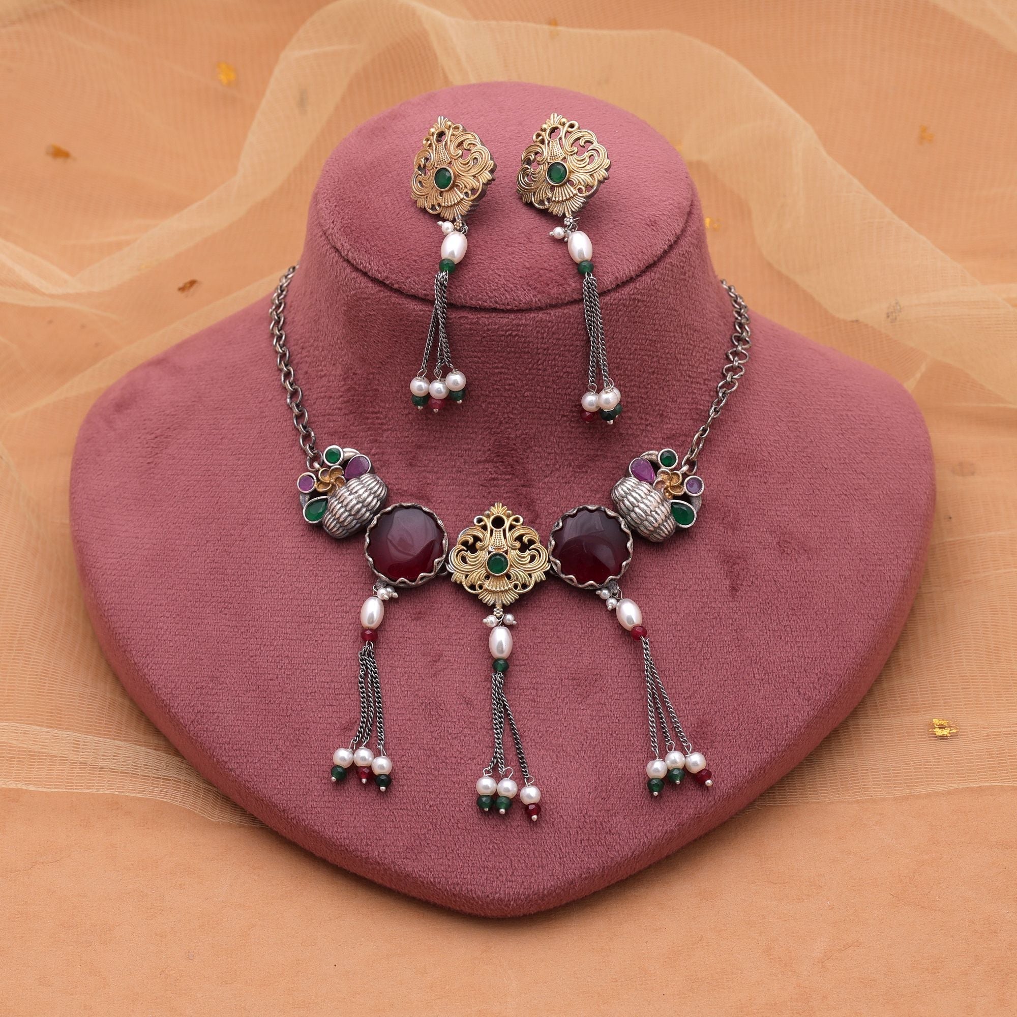 Maroon Color Choker Dual Tone Oxidised Necklace Set & Earrings