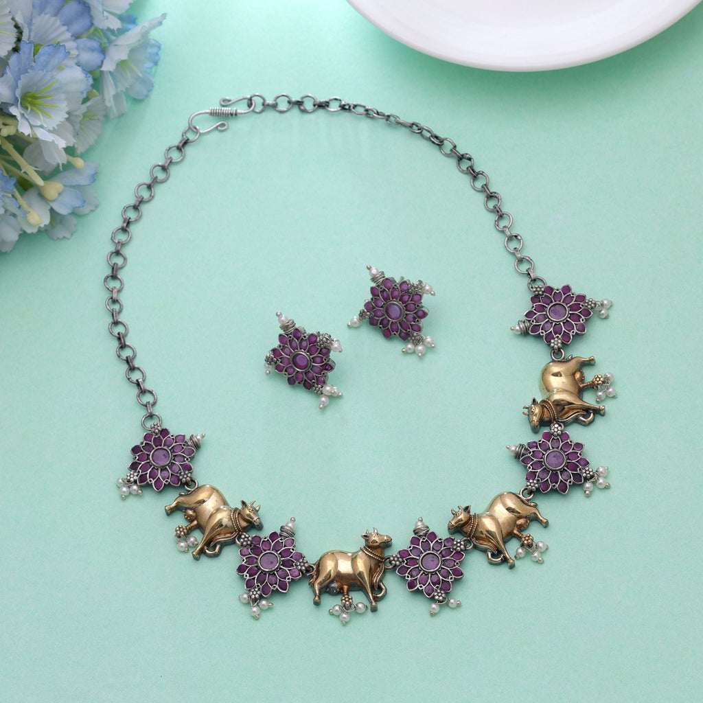 Rani Color Dual Tone Oxidised Necklace Set & Earrings