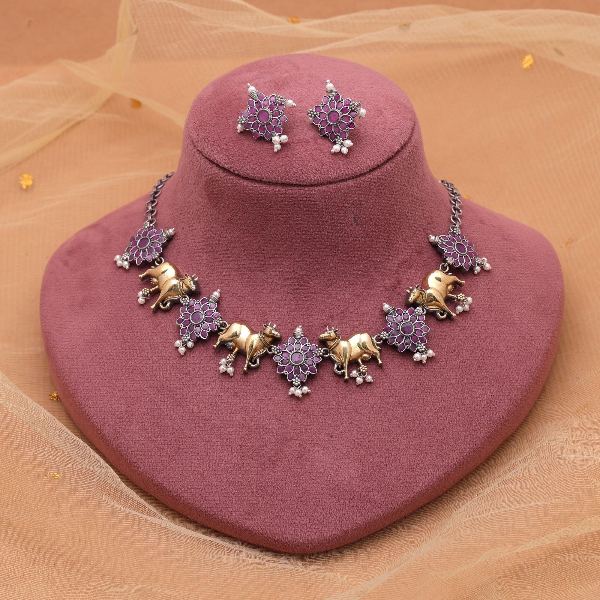 Rani Color Dual Tone Oxidised Necklace Set & Earrings