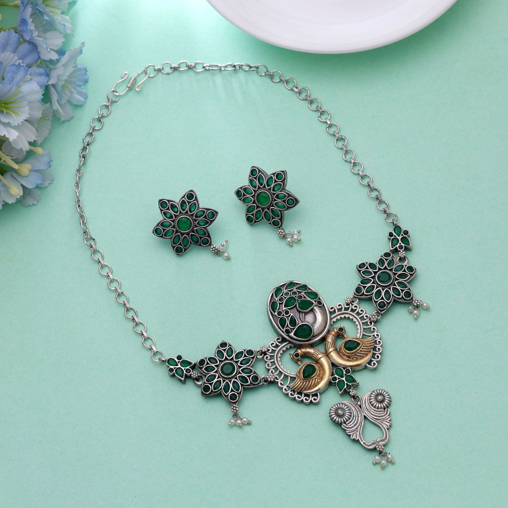 Green Color Choker Dual Tone Oxidised Necklace Set