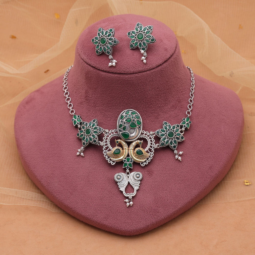 Green Color Choker Dual Tone Oxidised Necklace Set