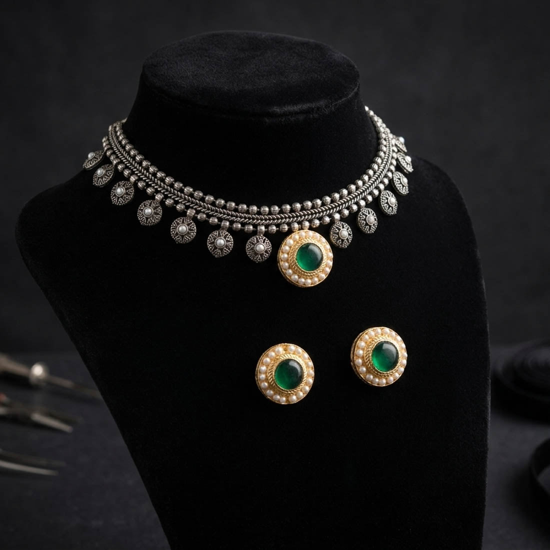 Green Color Traditional Dual Tone Oxidised Necklace Set