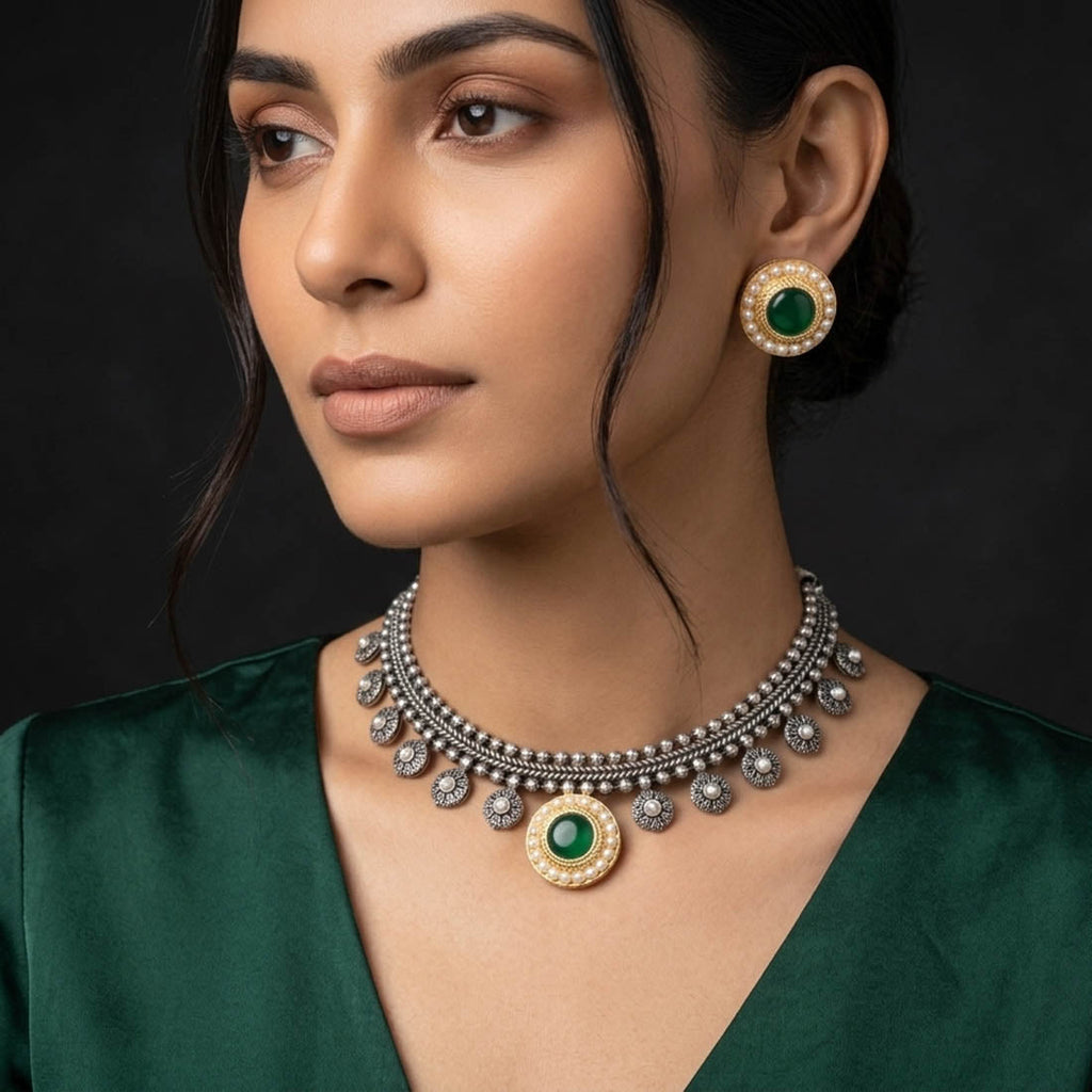 Green Color Traditional Dual Tone Oxidised Necklace Set