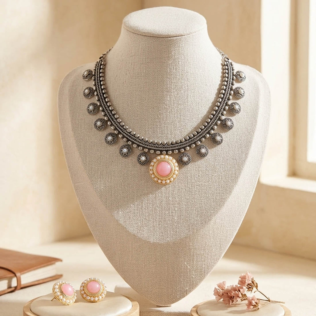 Light Pink Dual Tone Oxidised Necklace Set
