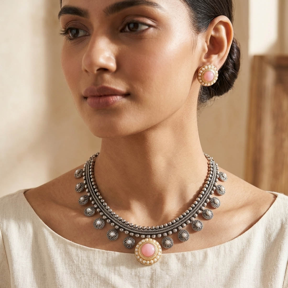 Light Pink Dual Tone Oxidised Necklace Set