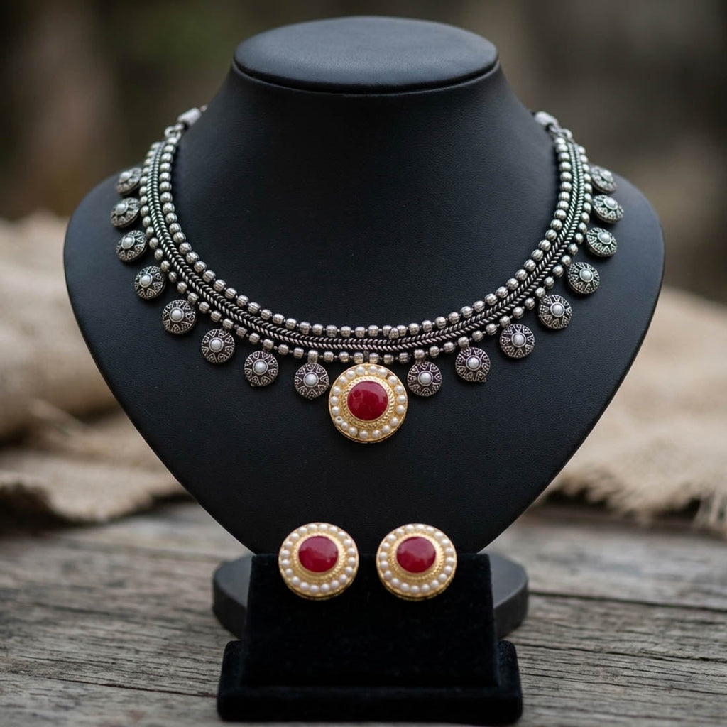 Red Color Dual Tone Oxidised Necklace Set