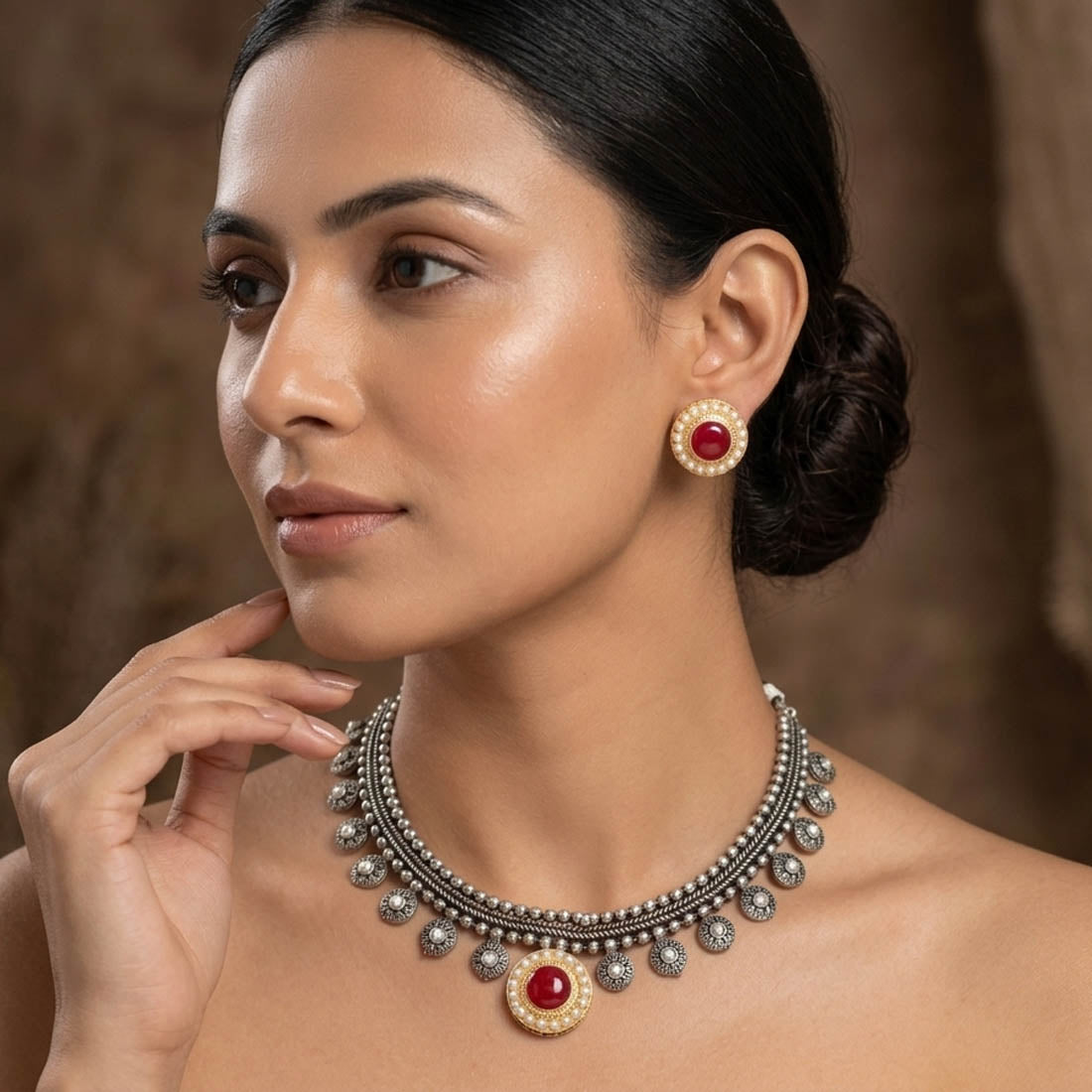 Red Color Dual Tone Oxidised Necklace Set