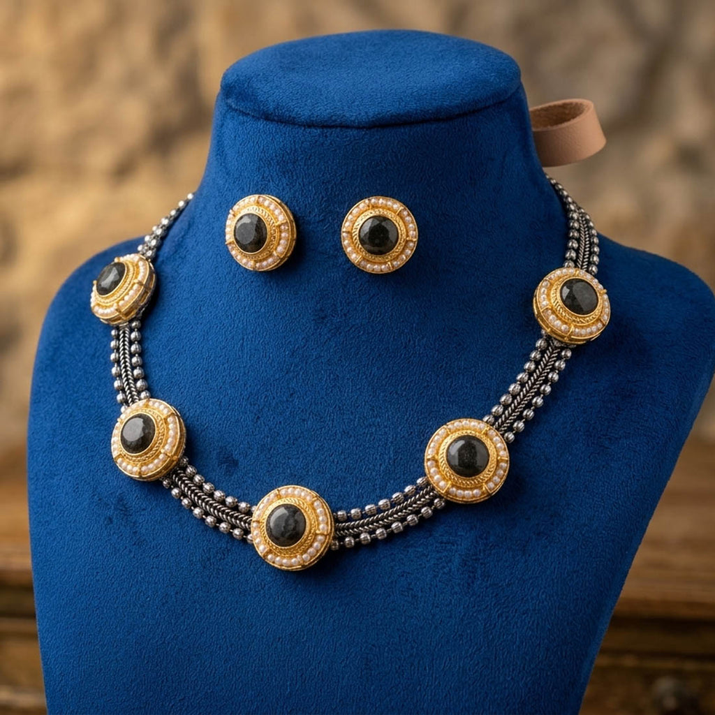 Black Color Designer Dual Tone Oxidised Necklace Set