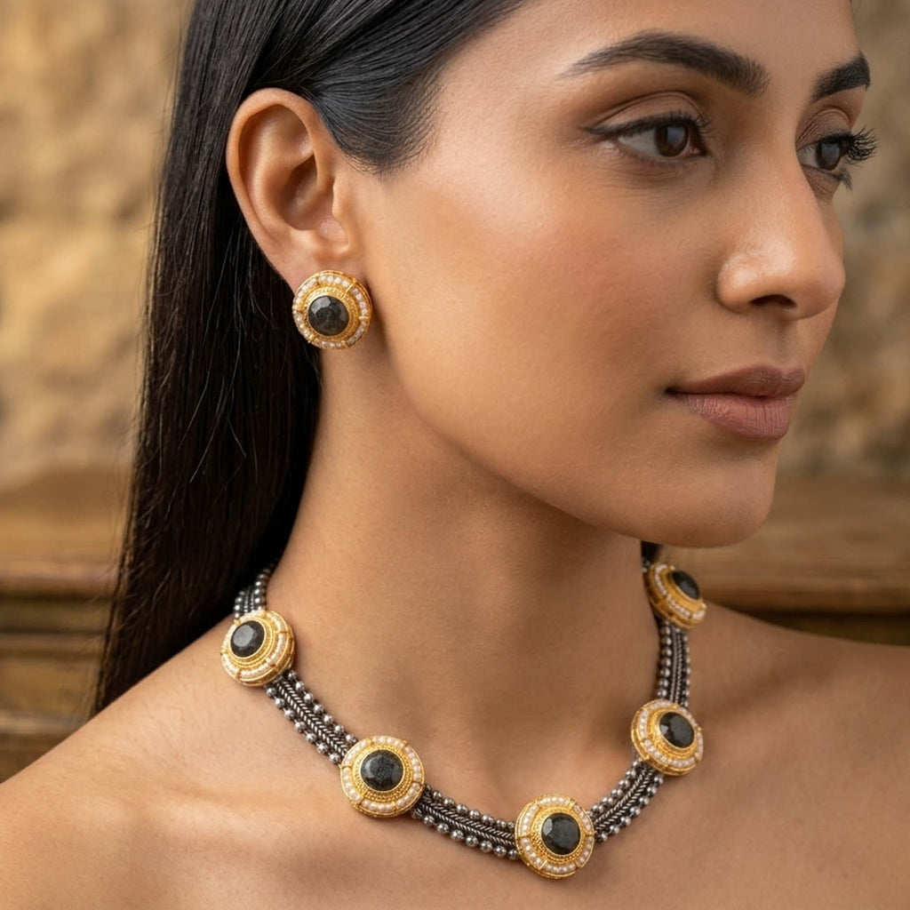 Black Color Designer Dual Tone Oxidised Necklace Set