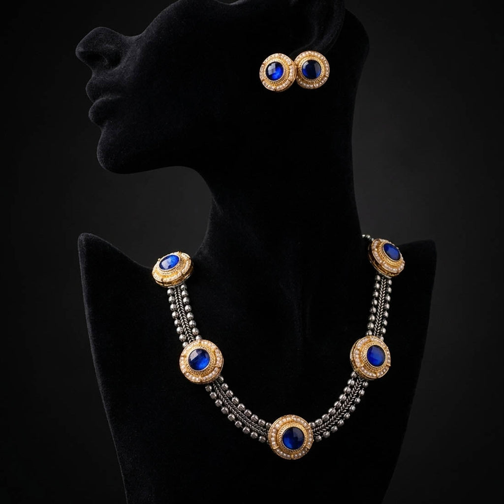 Blue Color Ethnic Dual Tone Oxidised Necklace Set