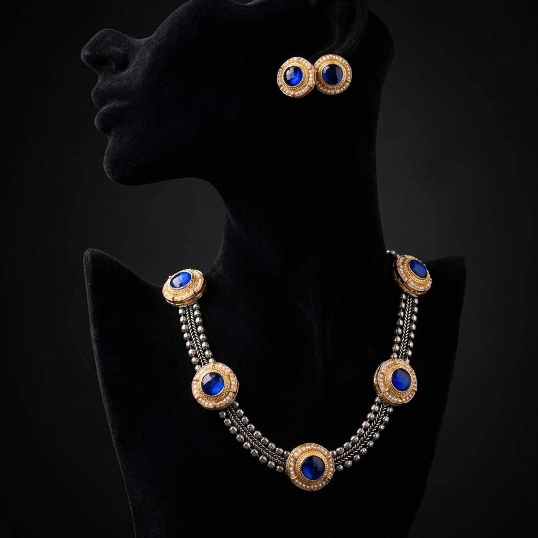 Blue Color Ethnic Dual Tone Oxidised Necklace Set