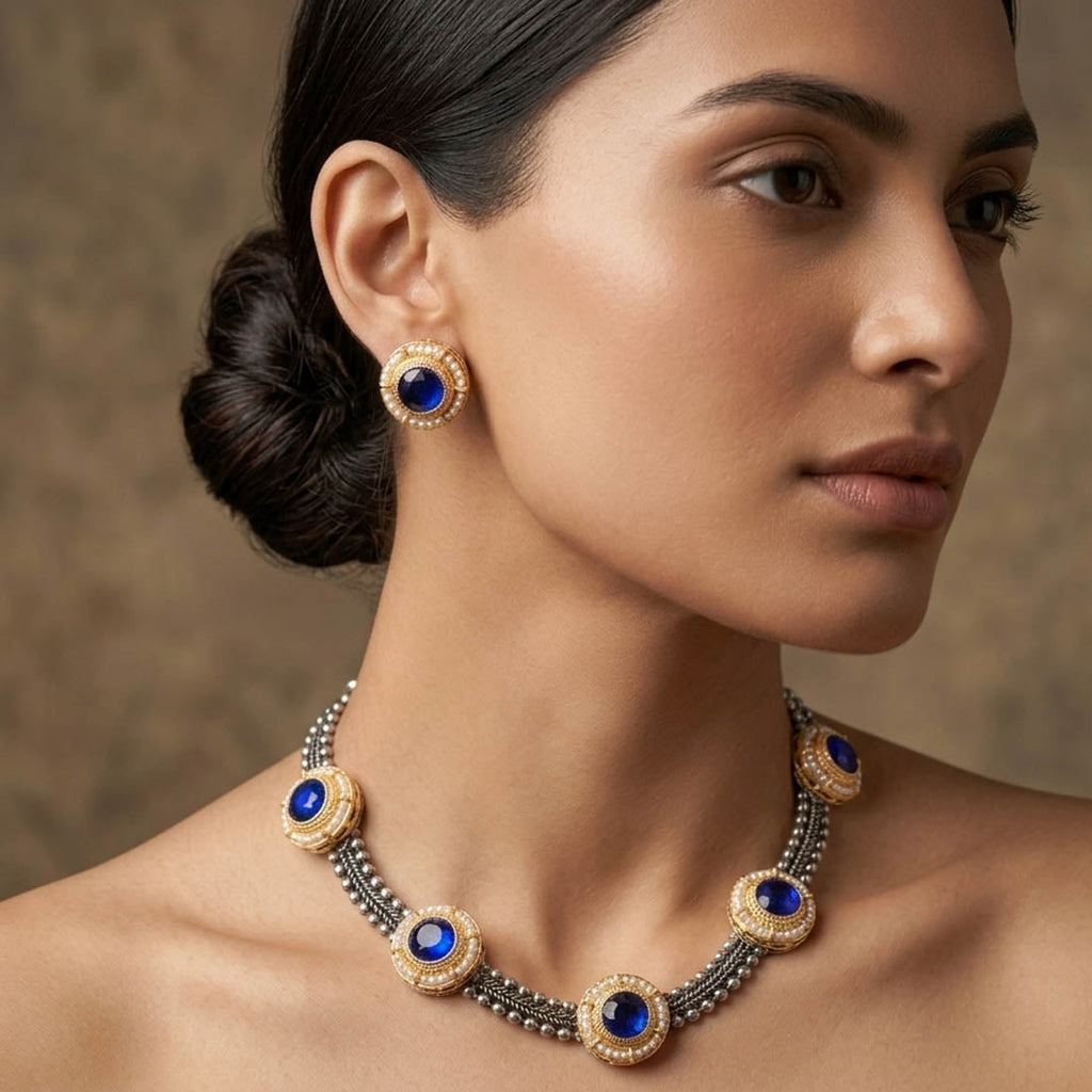 Blue Color Ethnic Dual Tone Oxidised Necklace Set