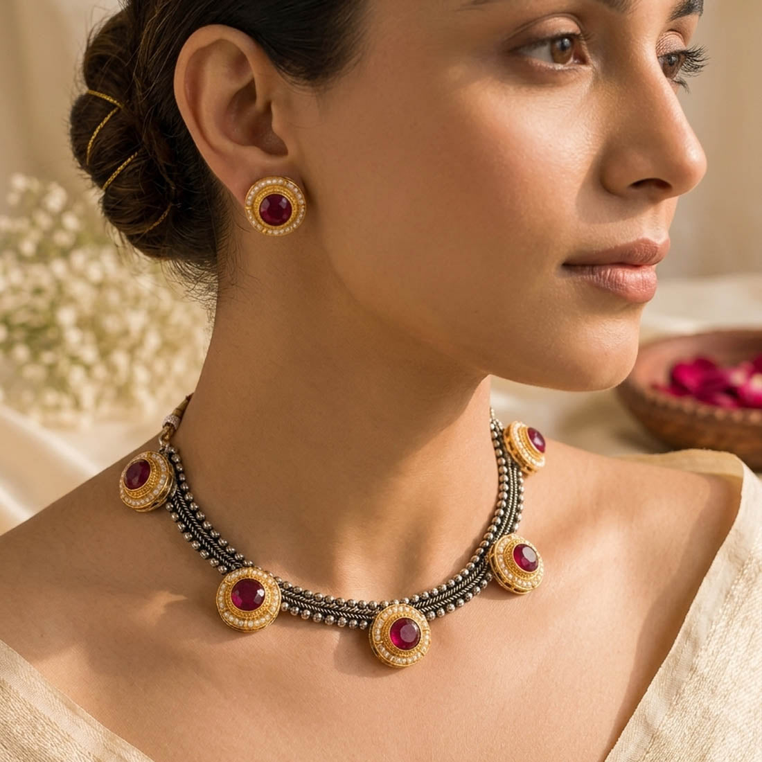 Maroon Color Dual Tone Oxidised Necklace Set