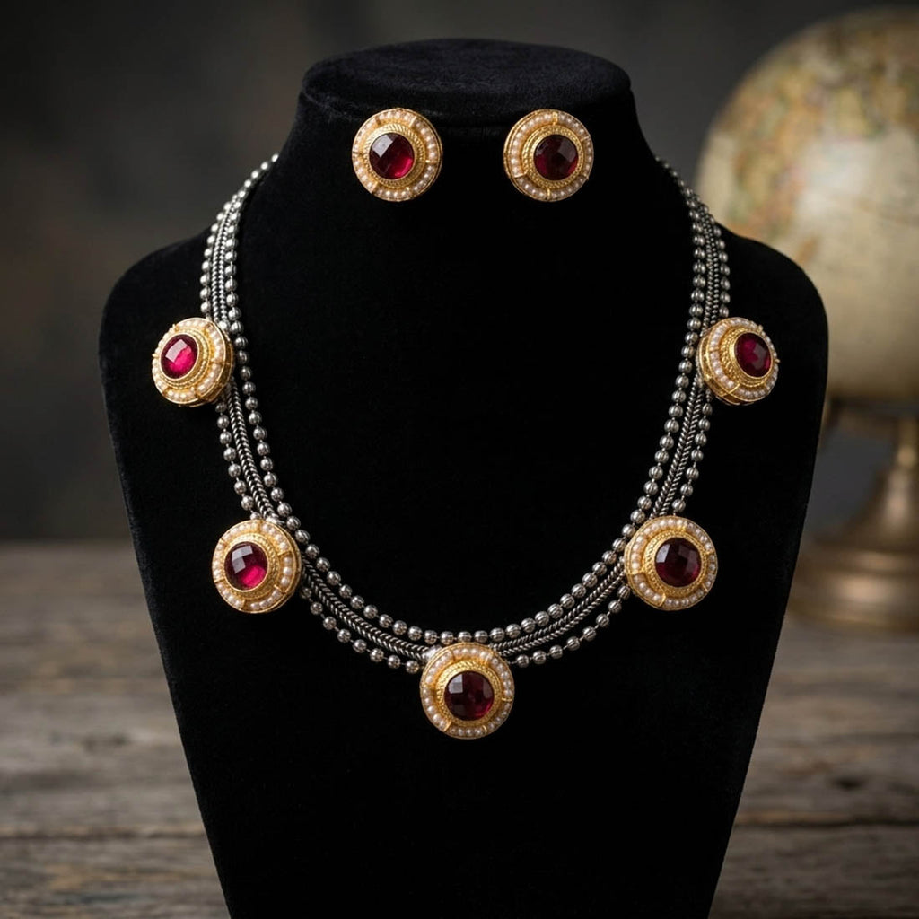 Rani Color Dual Tone Oxidised Necklace Set