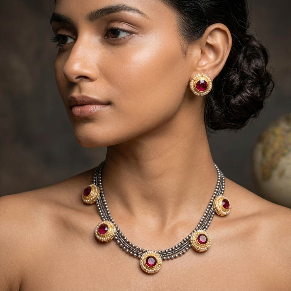 Rani Color Dual Tone Oxidised Necklace Set