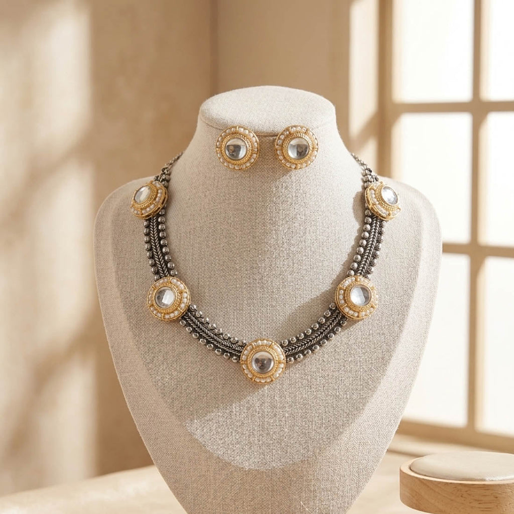 White Color Dual Tone Oxidised Necklace Set