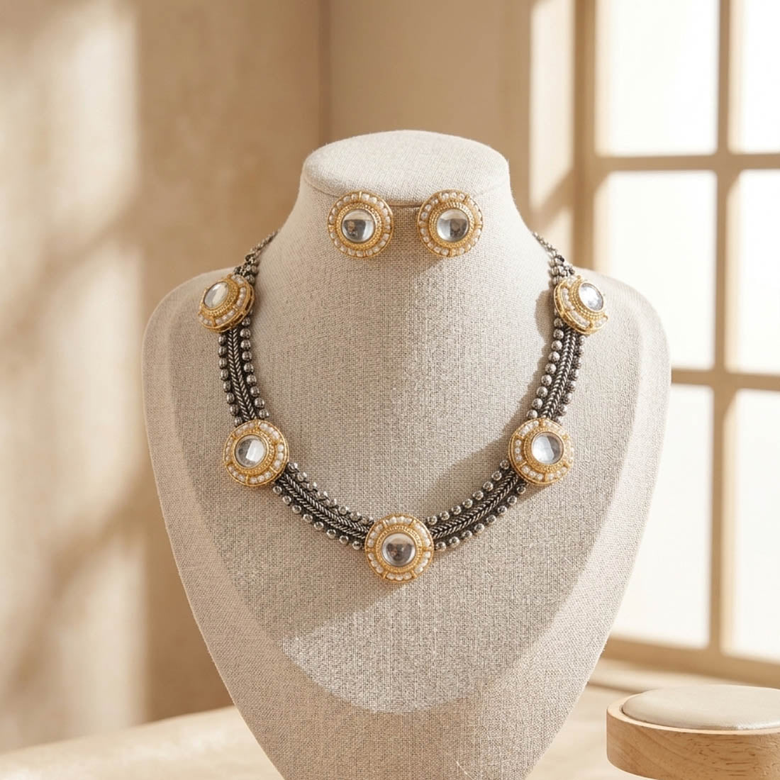 White Color Dual Tone Oxidised Necklace Set