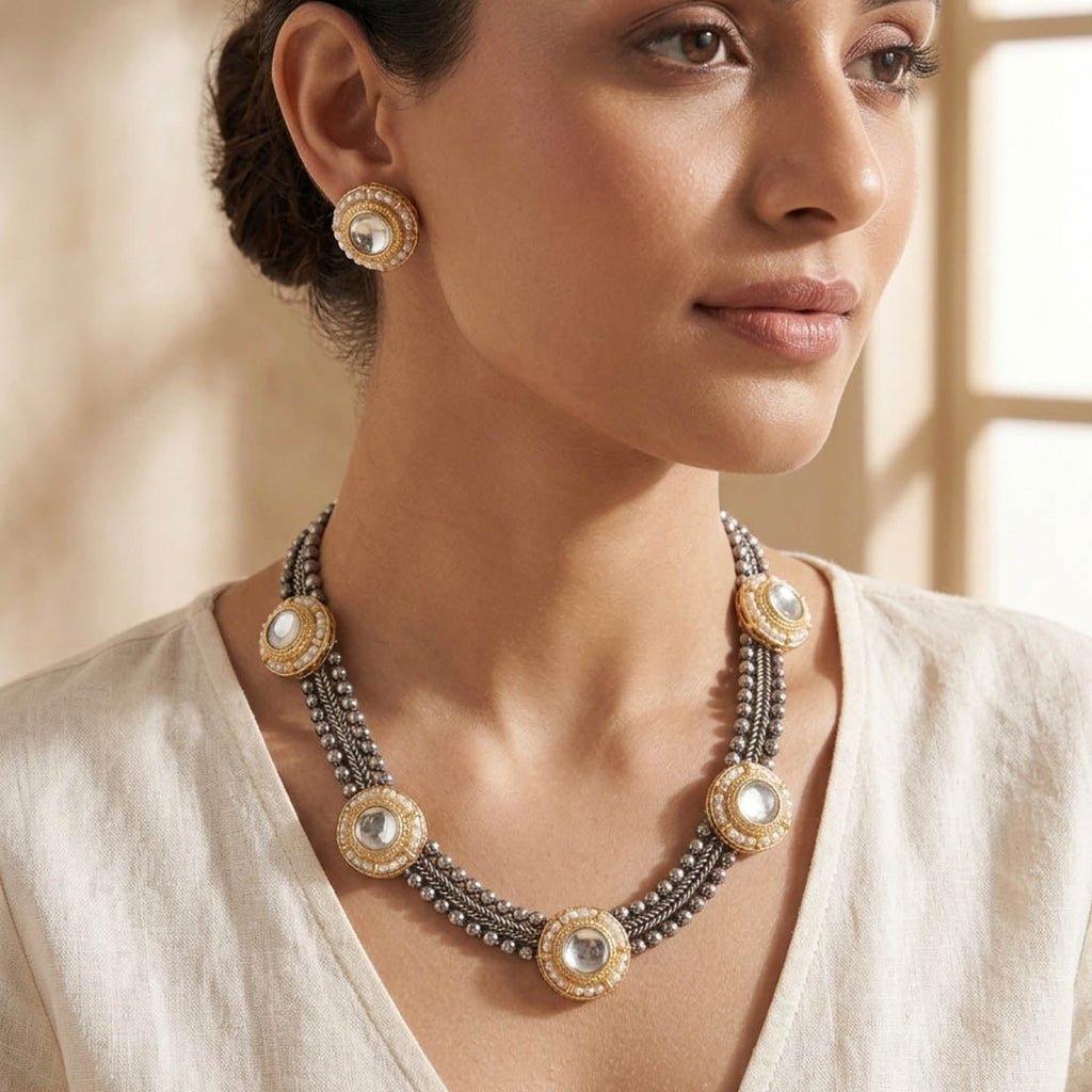 White Color Dual Tone Oxidised Necklace Set