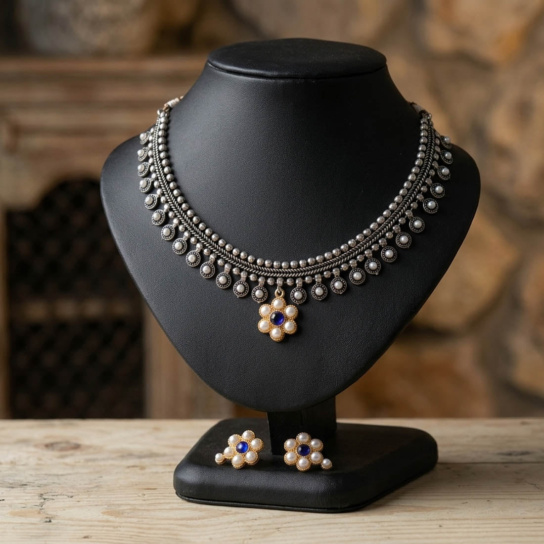 Blue Color Elegant Dual Tone Oxidised Necklace Set